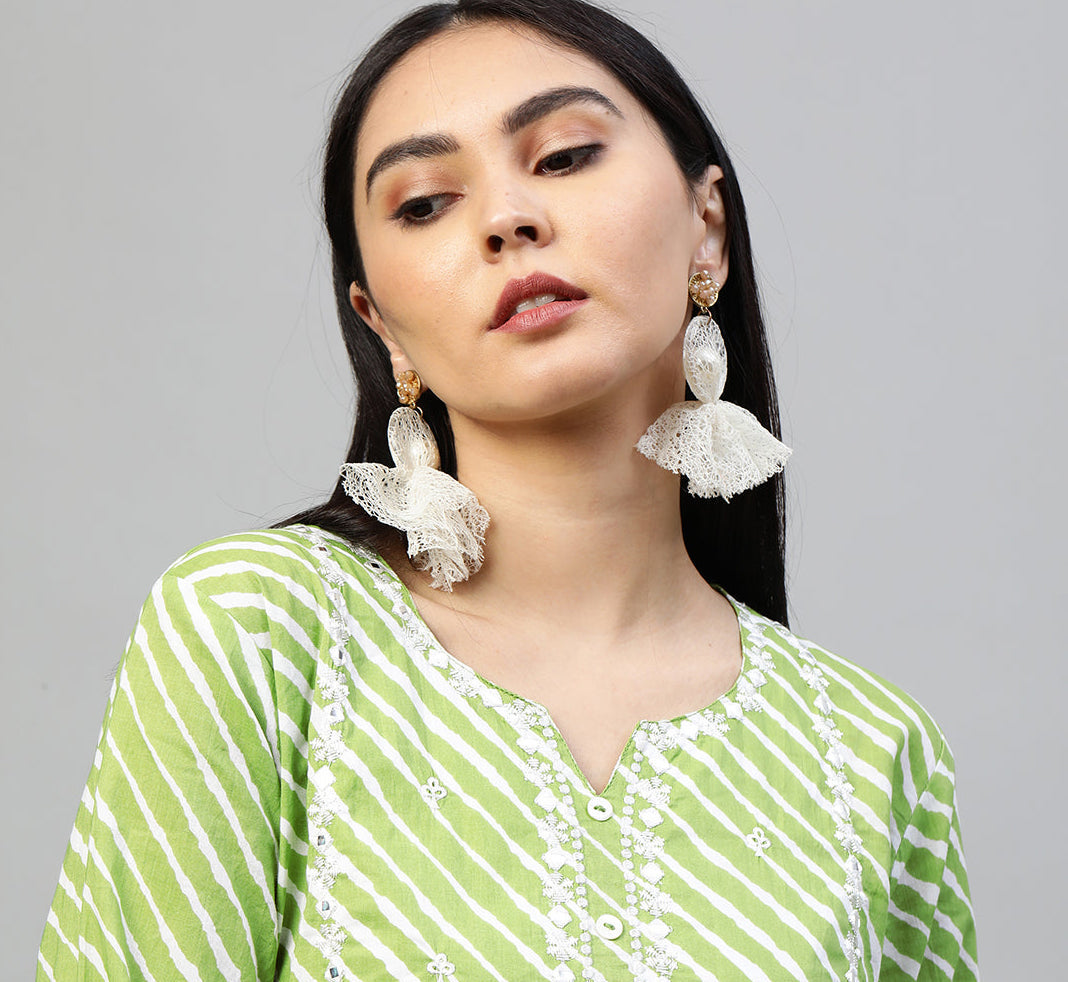 Leheriya Printed & Embroidered Straight Kurta - Green