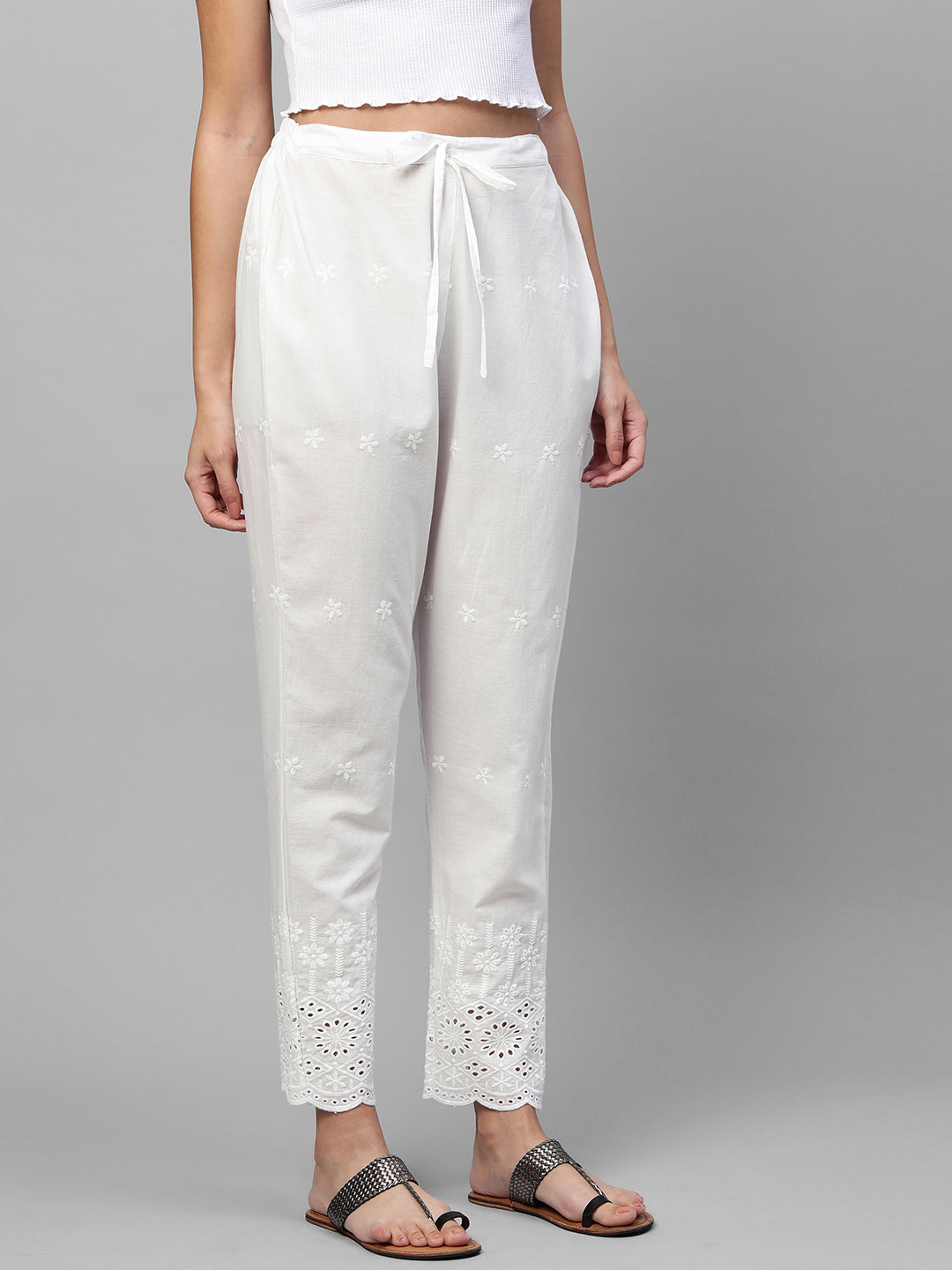 Floral & Cut work Embroidered Ankle Pant - White