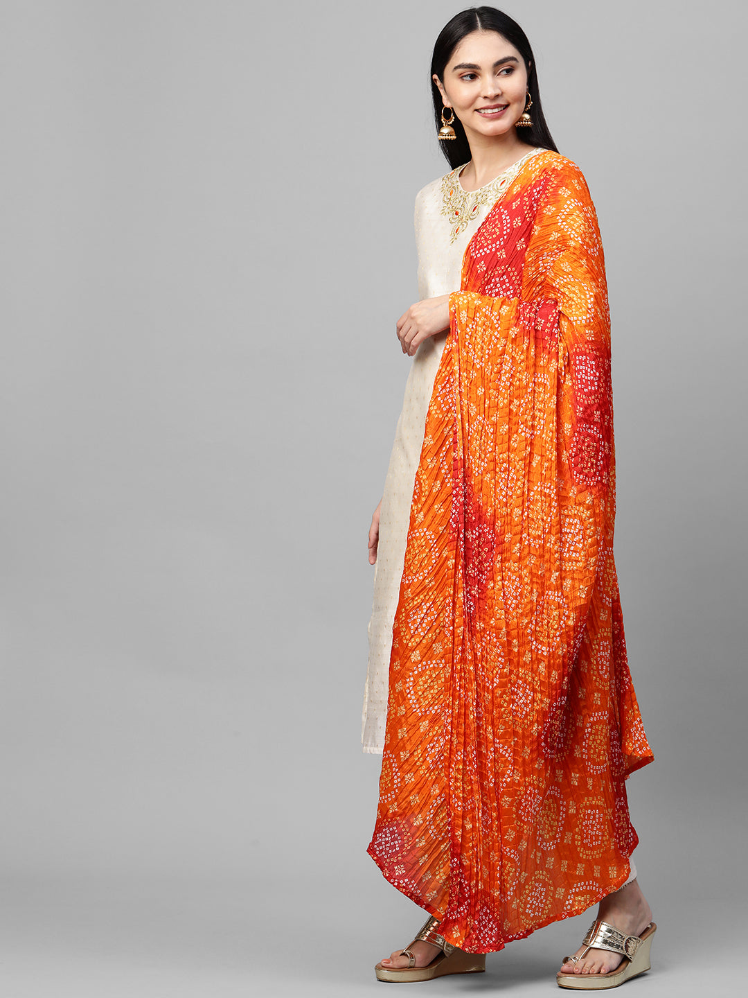 Festive Zari Embroidered & Woven Kurta & Bandhani Printed Dupatta - Off White