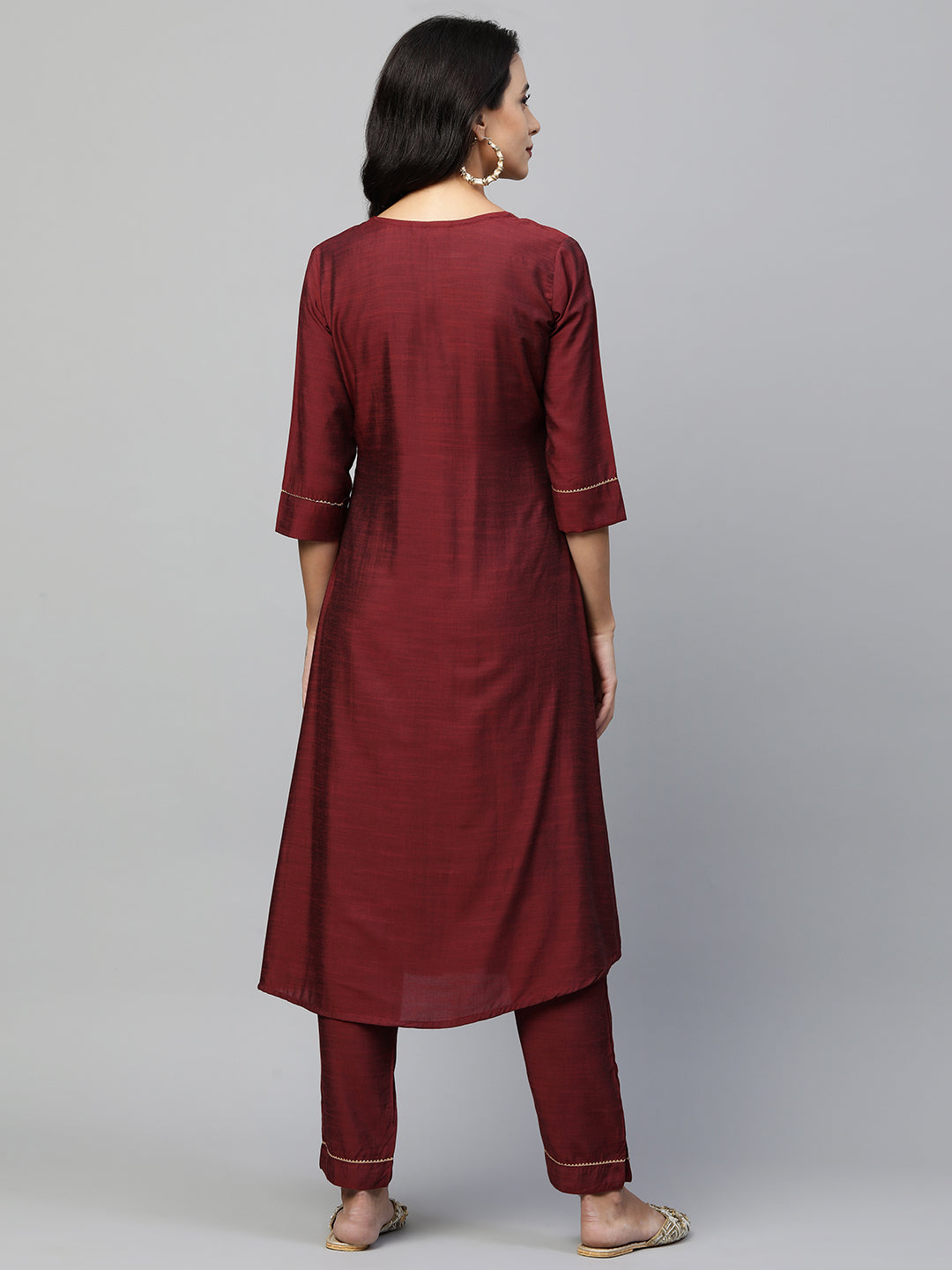 Zari Embroidered Pleated Flare Kurta & Solid Pant - Maroon