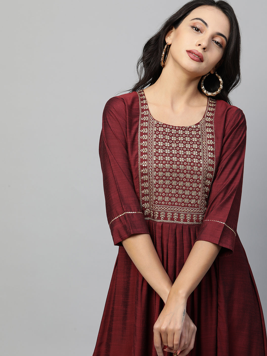 Zari Embroidered Pleated Flare Kurta & Solid Pant - Maroon