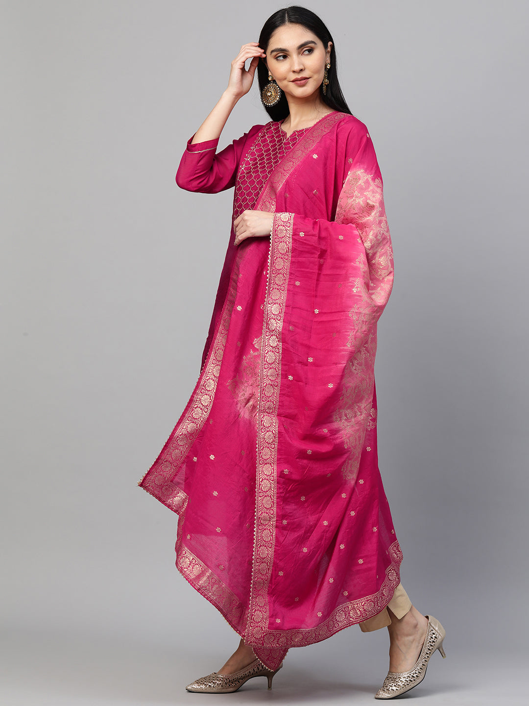Festive Zari Embroidered Kurta with Banarasi Dupatta - Rani Pink