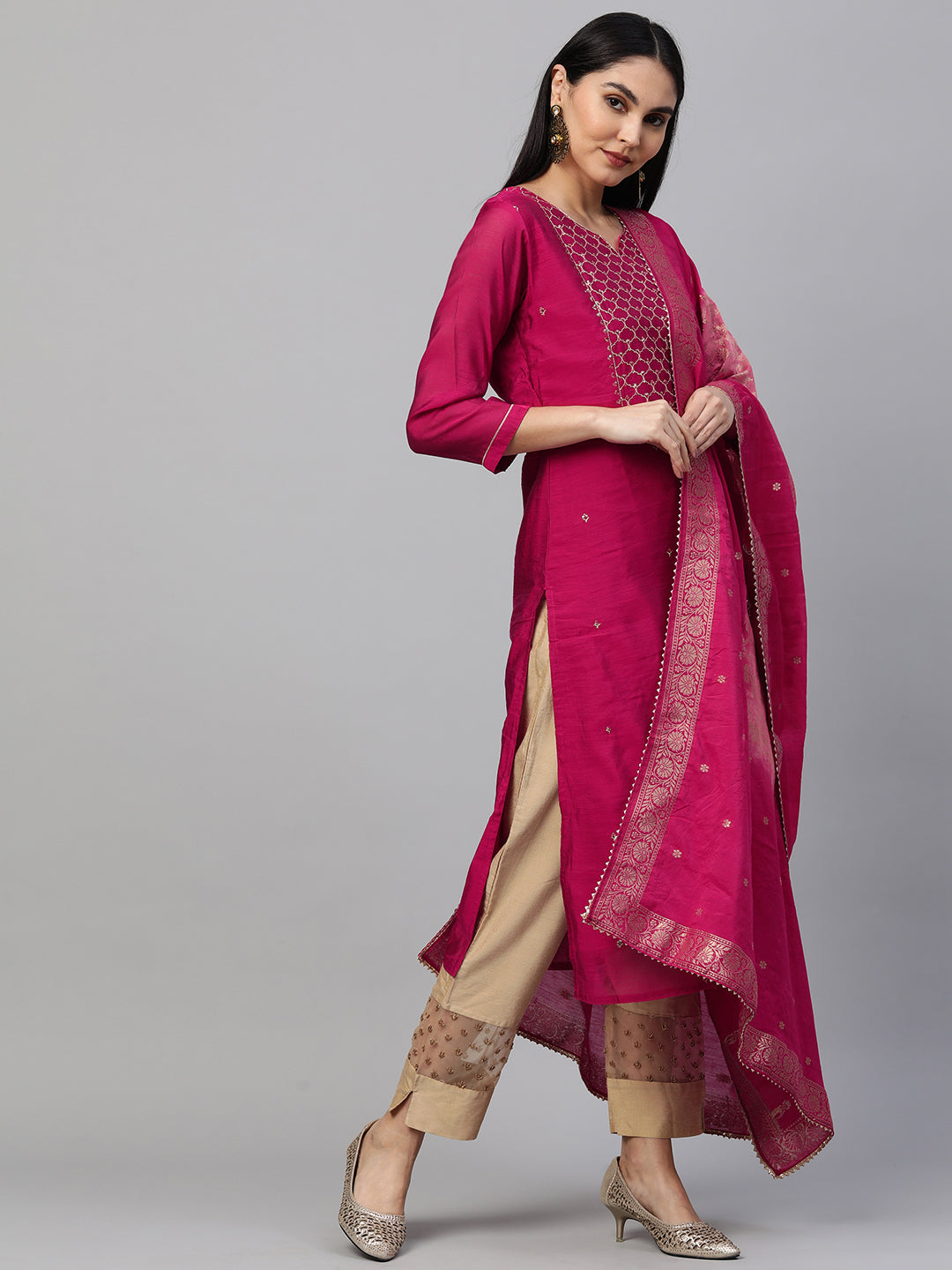 Festive Zari Embroidered Kurta with Banarasi Dupatta - Rani Pink
