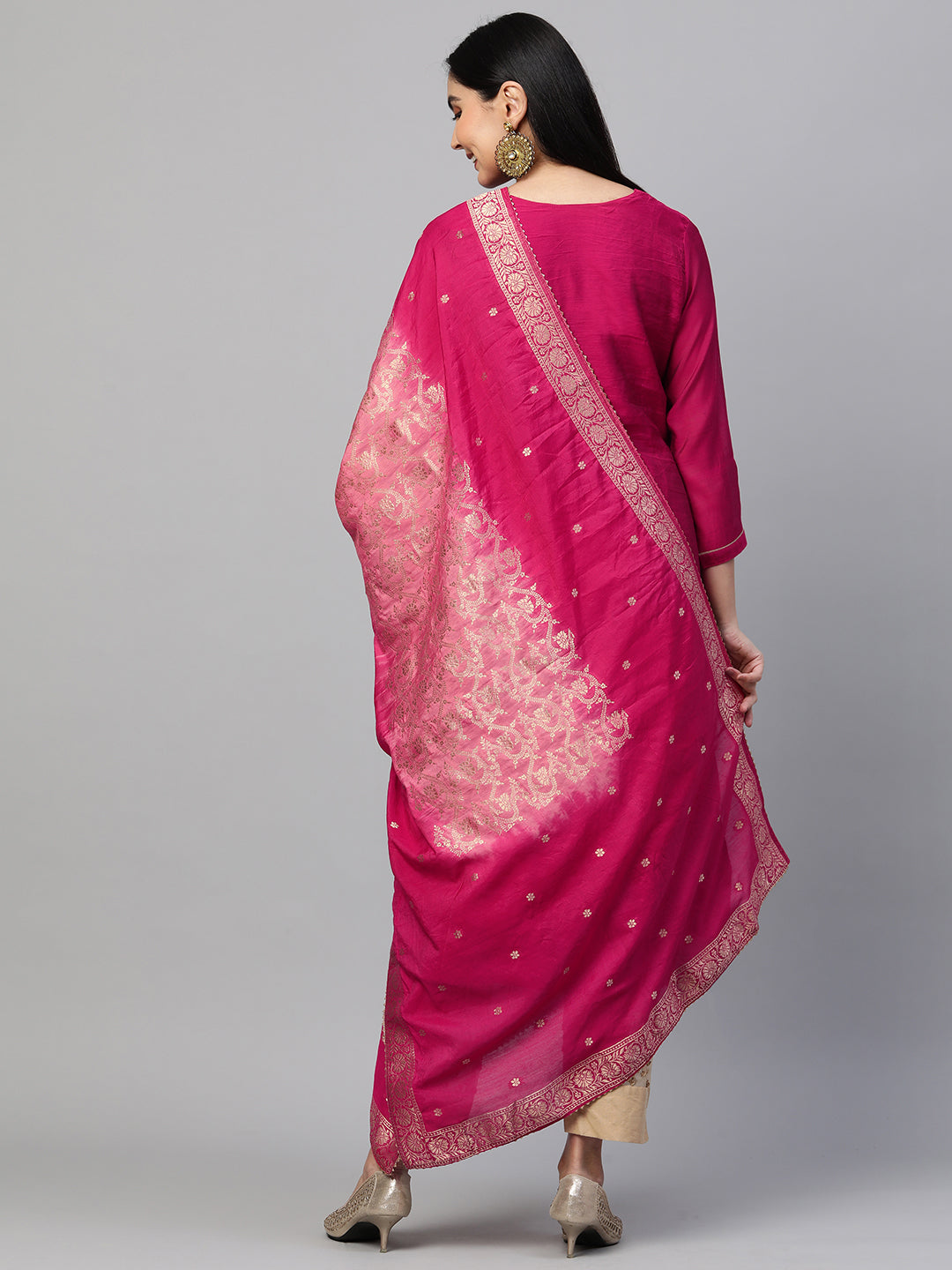 Festive Zari Embroidered Kurta with Banarasi Dupatta - Rani Pink