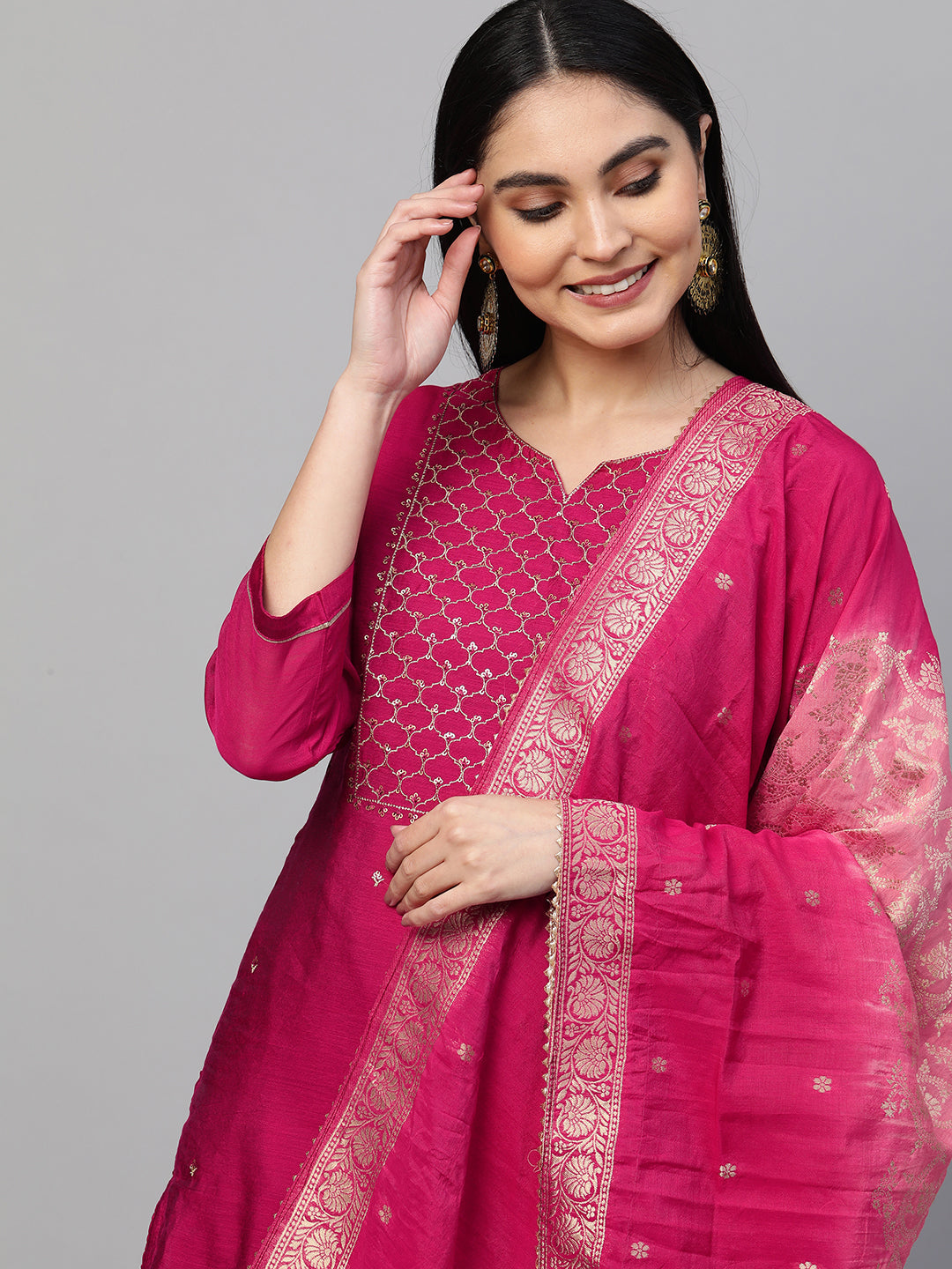 Festive Zari Embroidered Kurta with Banarasi Dupatta - Rani Pink