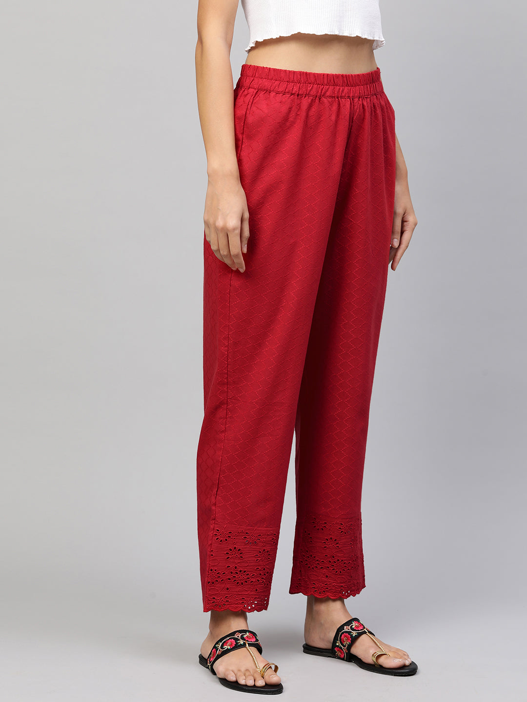 Woven Textured & Embroidered Straight Pant - Red