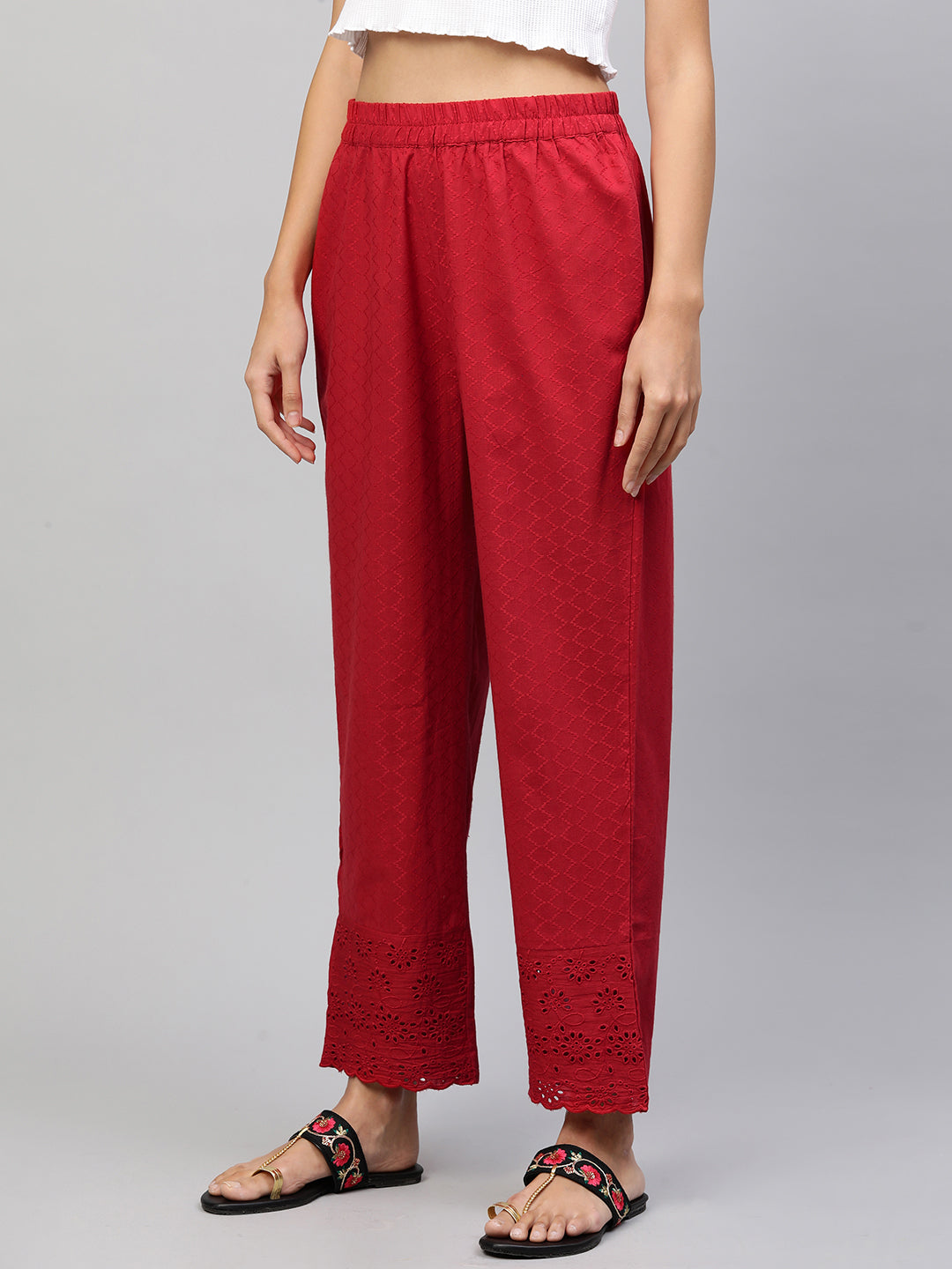 Woven Textured & Embroidered Straight Pant - Red
