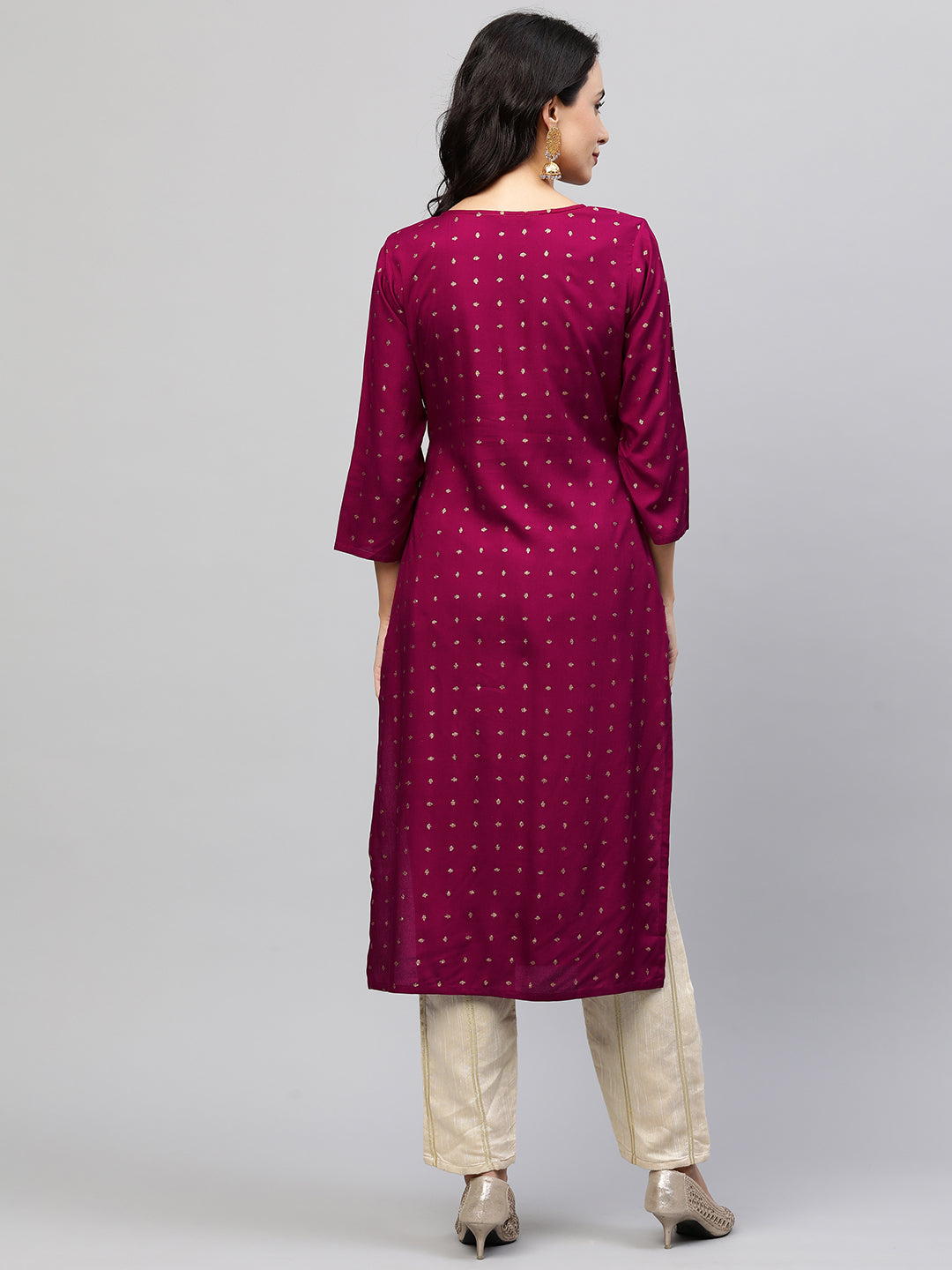Foil Printed & Zari Embroidered Straight Kurta - Wine