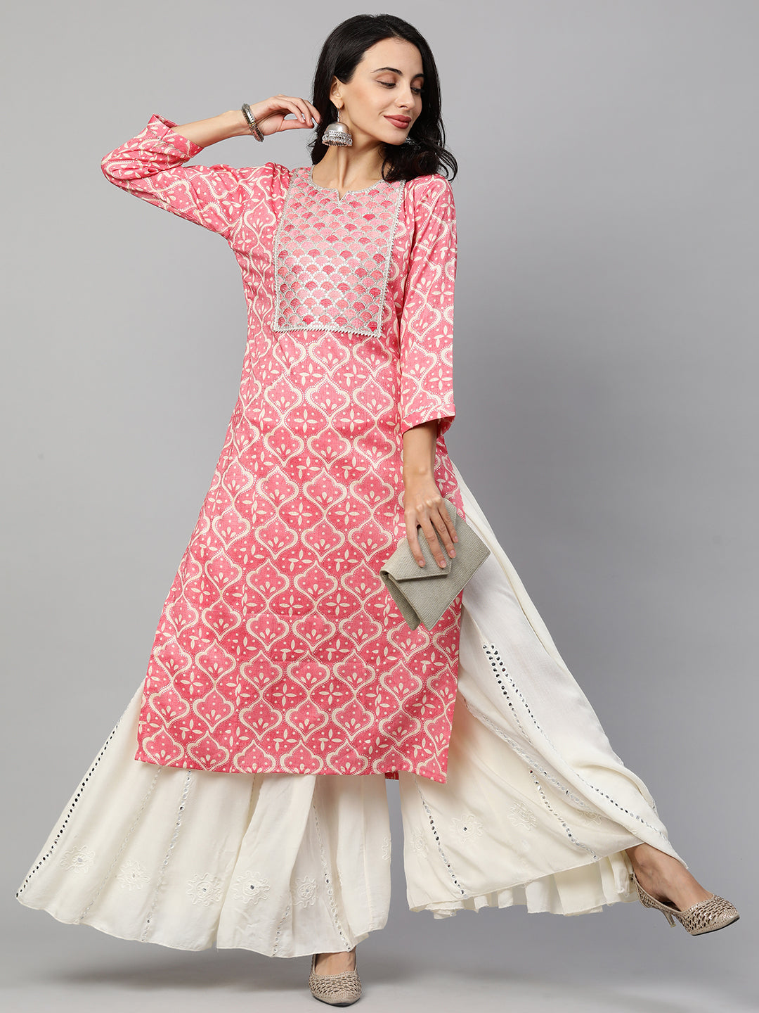 Festive Embroidered & Printed Straight Kurta - Pastel Pink