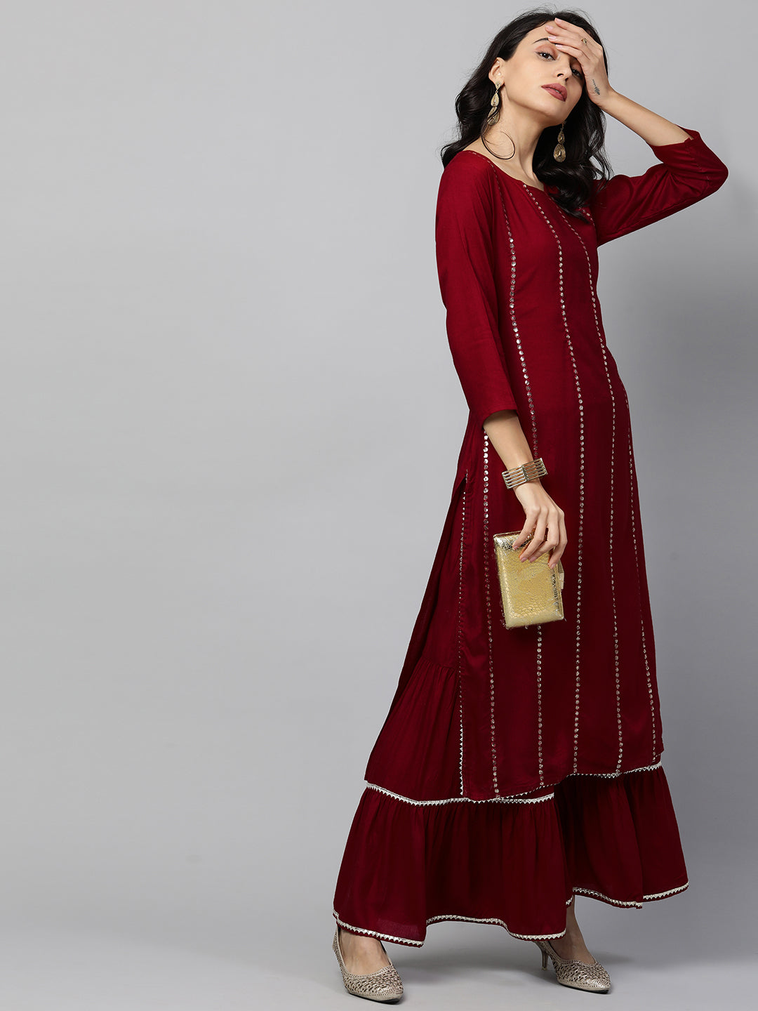 Sequin Embroidered Kurta and Sharara set - Deep Red