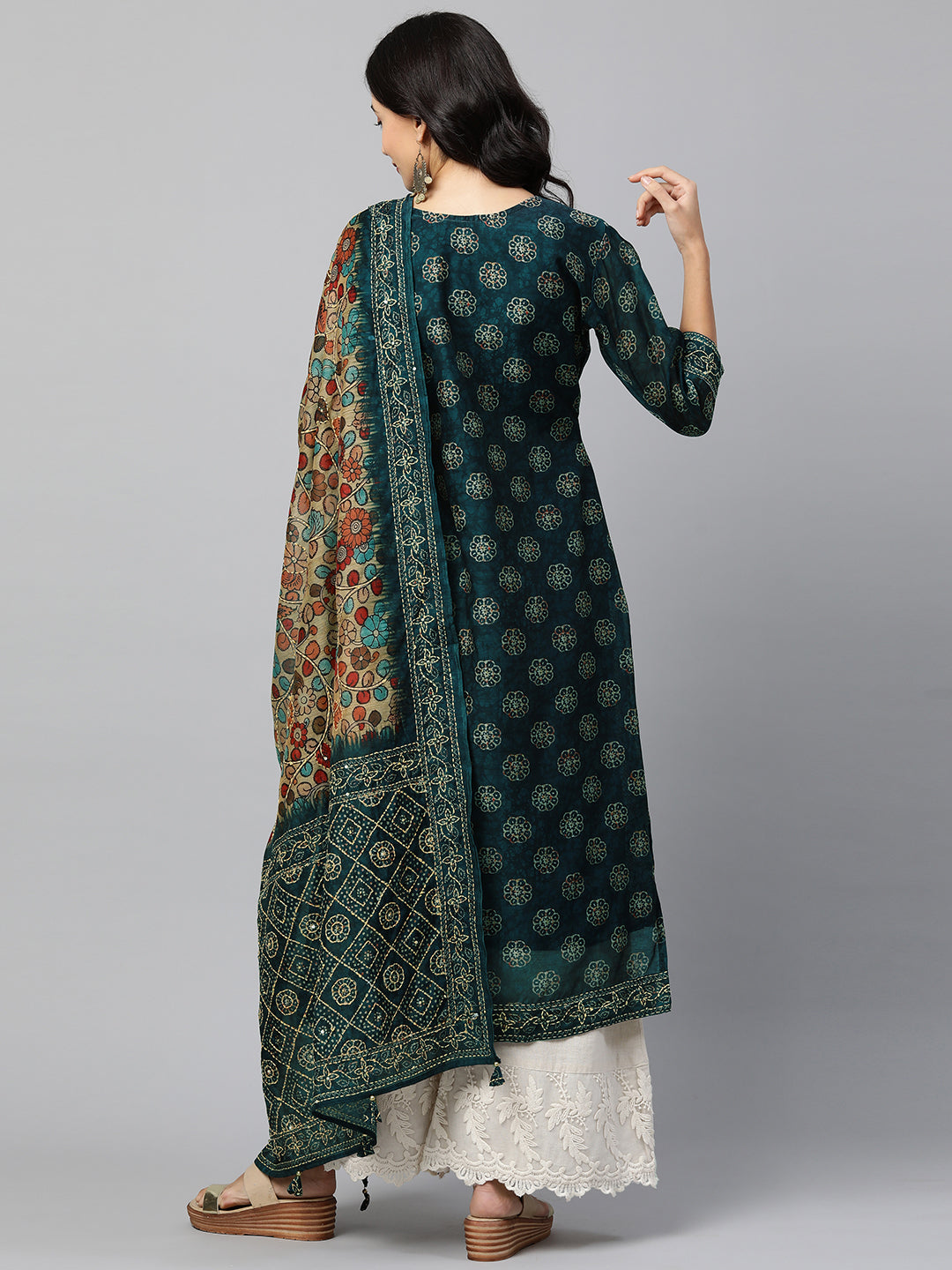 Ethnic Embellished Straight Kurta with Embellished Dupatta - Teal Blue