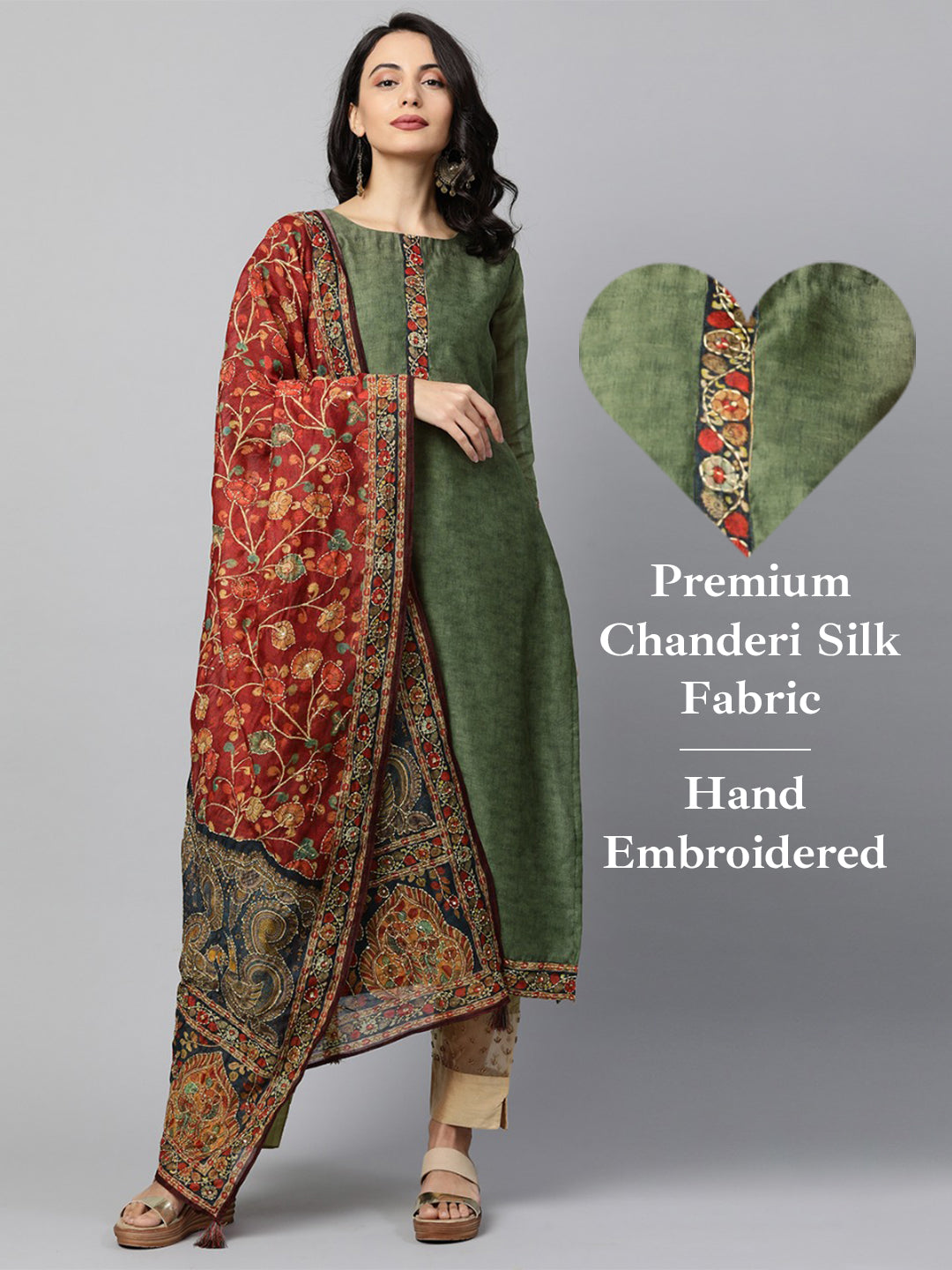Kalamkari Printed Kurta and Dupatta with Kantha work - Mehandi Green