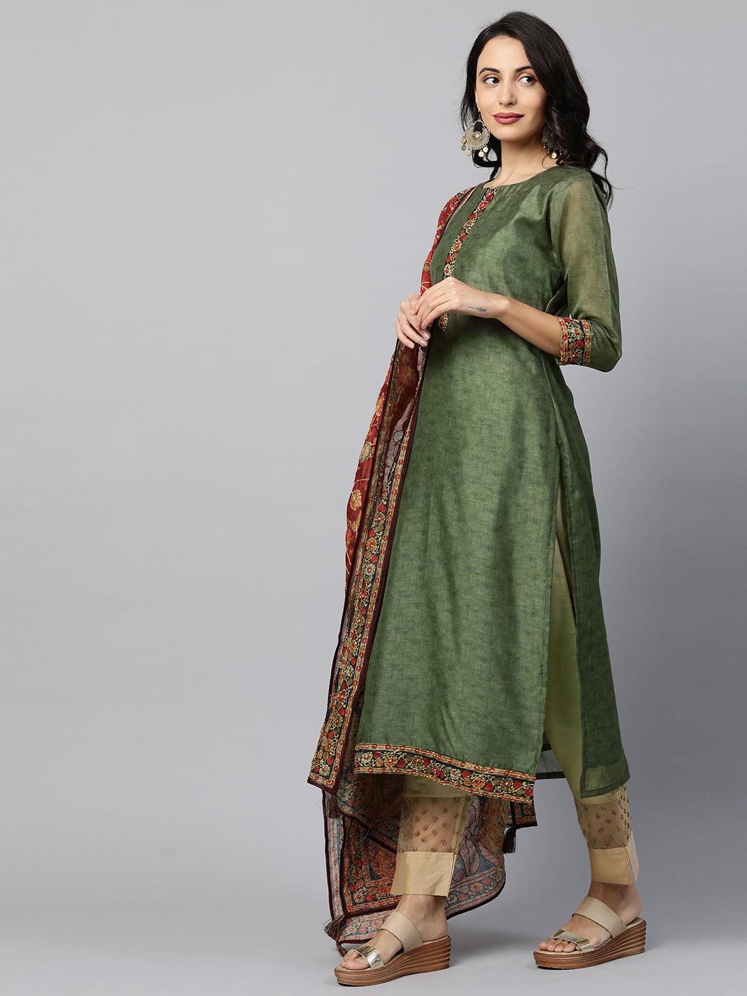 Kalamkari Printed Kurta and Dupatta with Kantha work - Mehandi Green