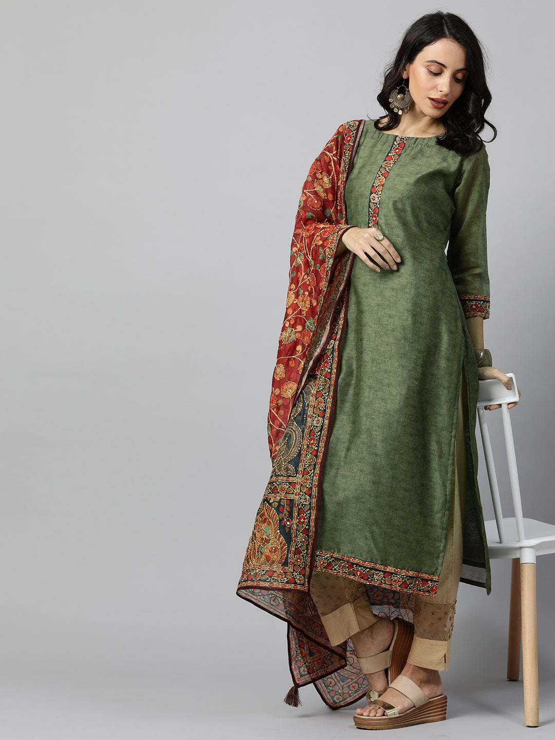 Kalamkari Printed Kurta and Dupatta with Kantha work - Mehandi Green