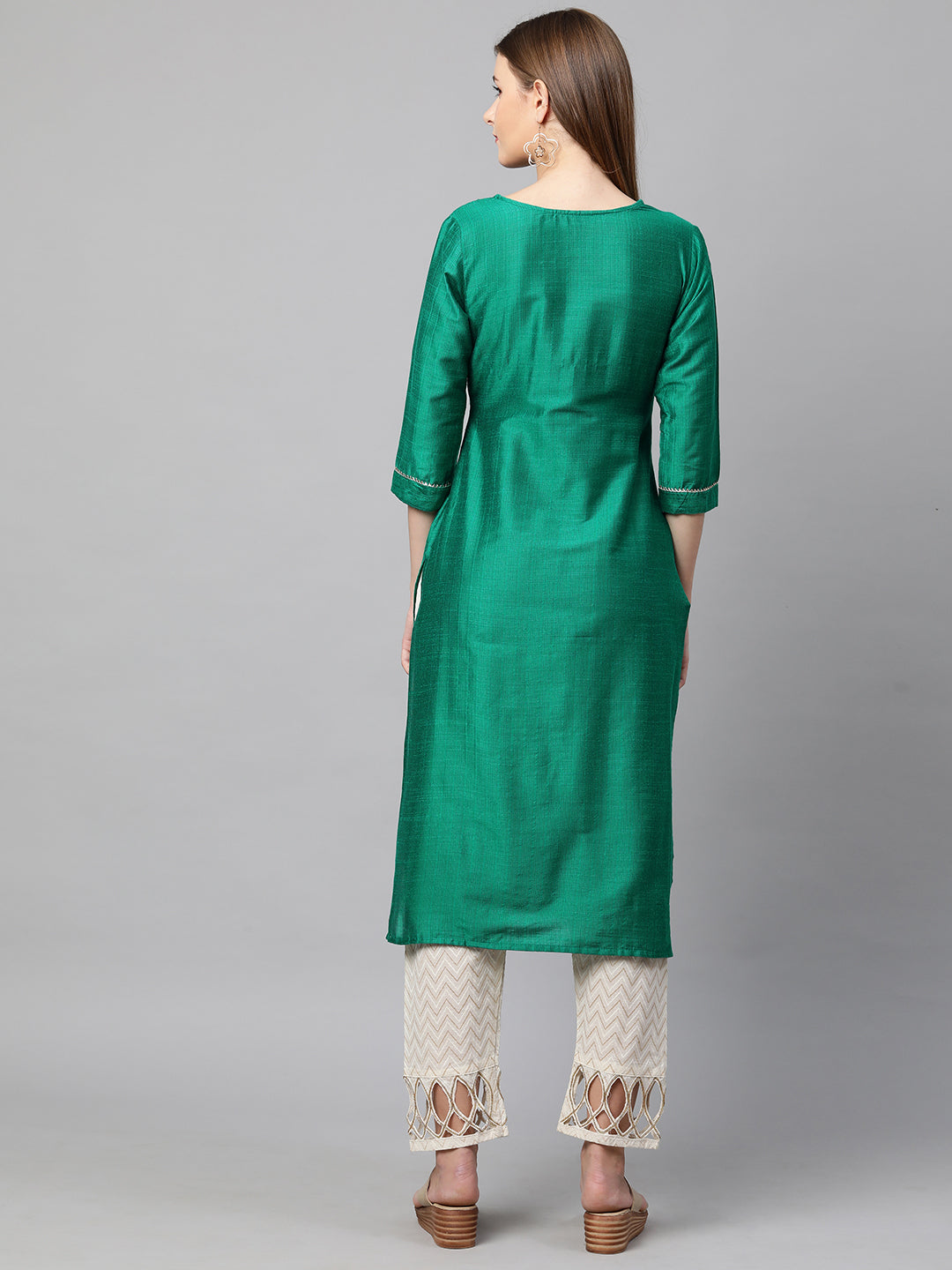 Sequin Embroidered Straight Kurta - Sea Green