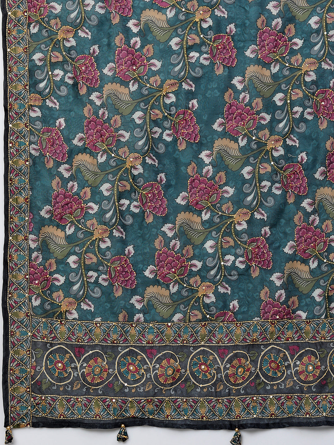 Kantha Embroidered & Printed Kurta and Dupatta - Teal Green