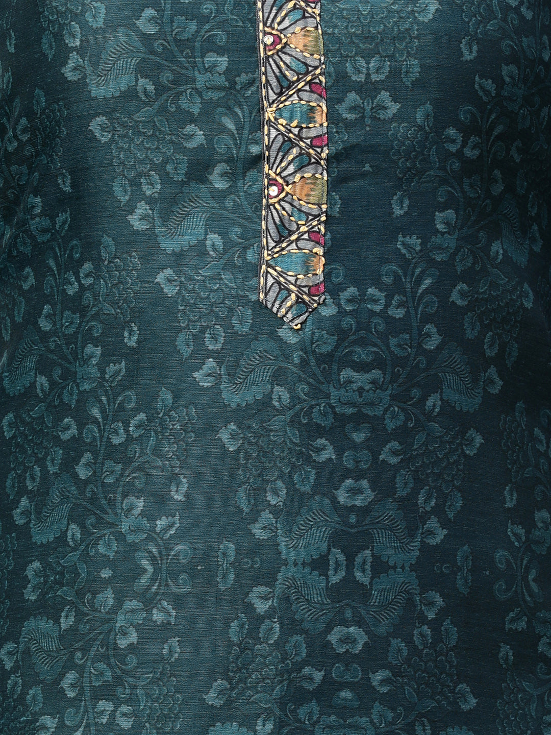 Kantha Embroidered & Printed Kurta and Dupatta - Teal Green