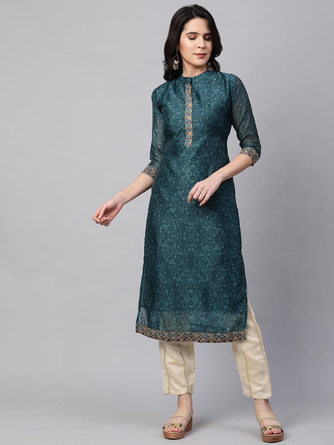 Kantha Embroidered & Printed Kurta and Dupatta - Teal Green
