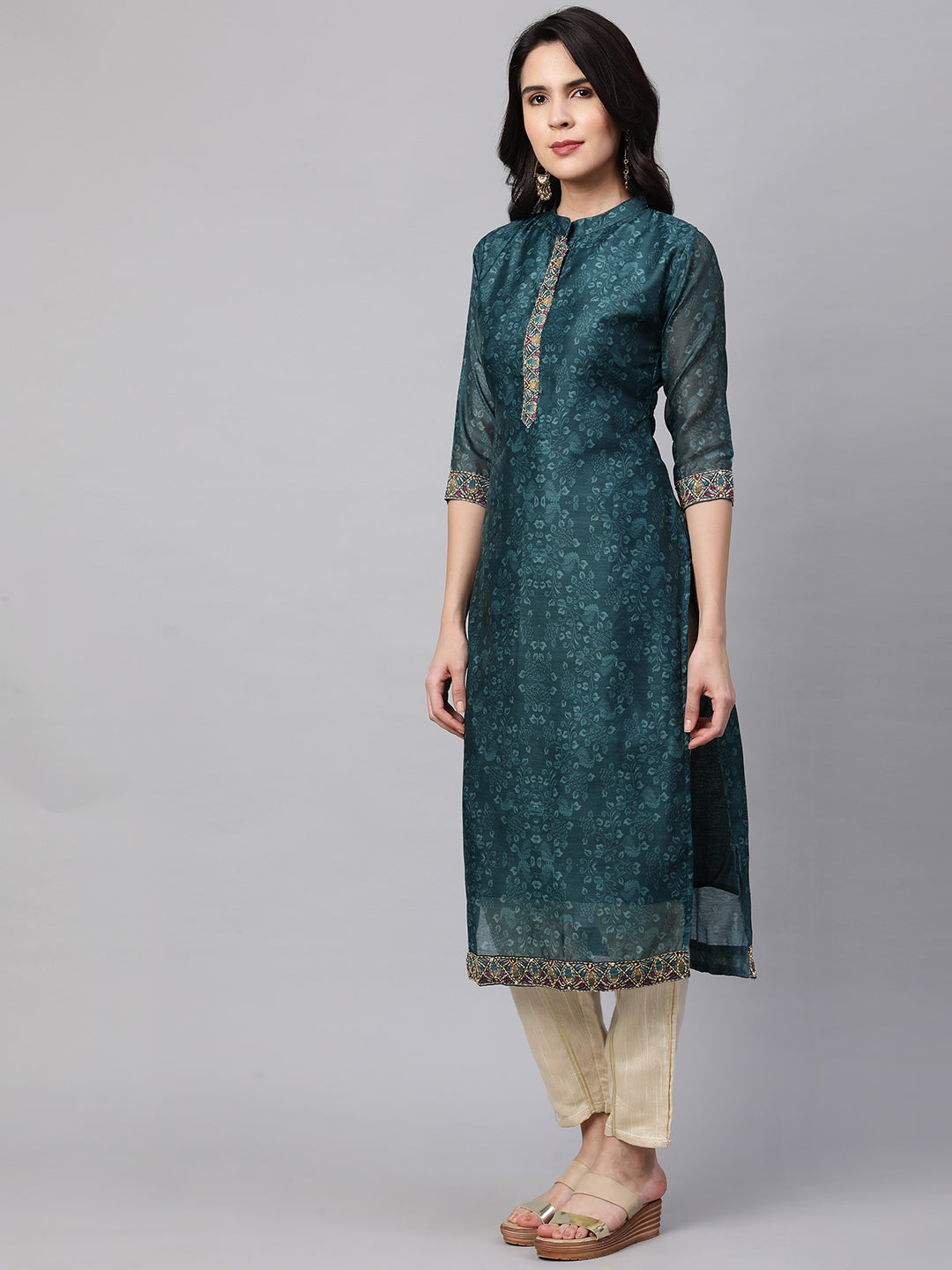 Kantha Embroidered & Printed Kurta and Dupatta - Teal Green