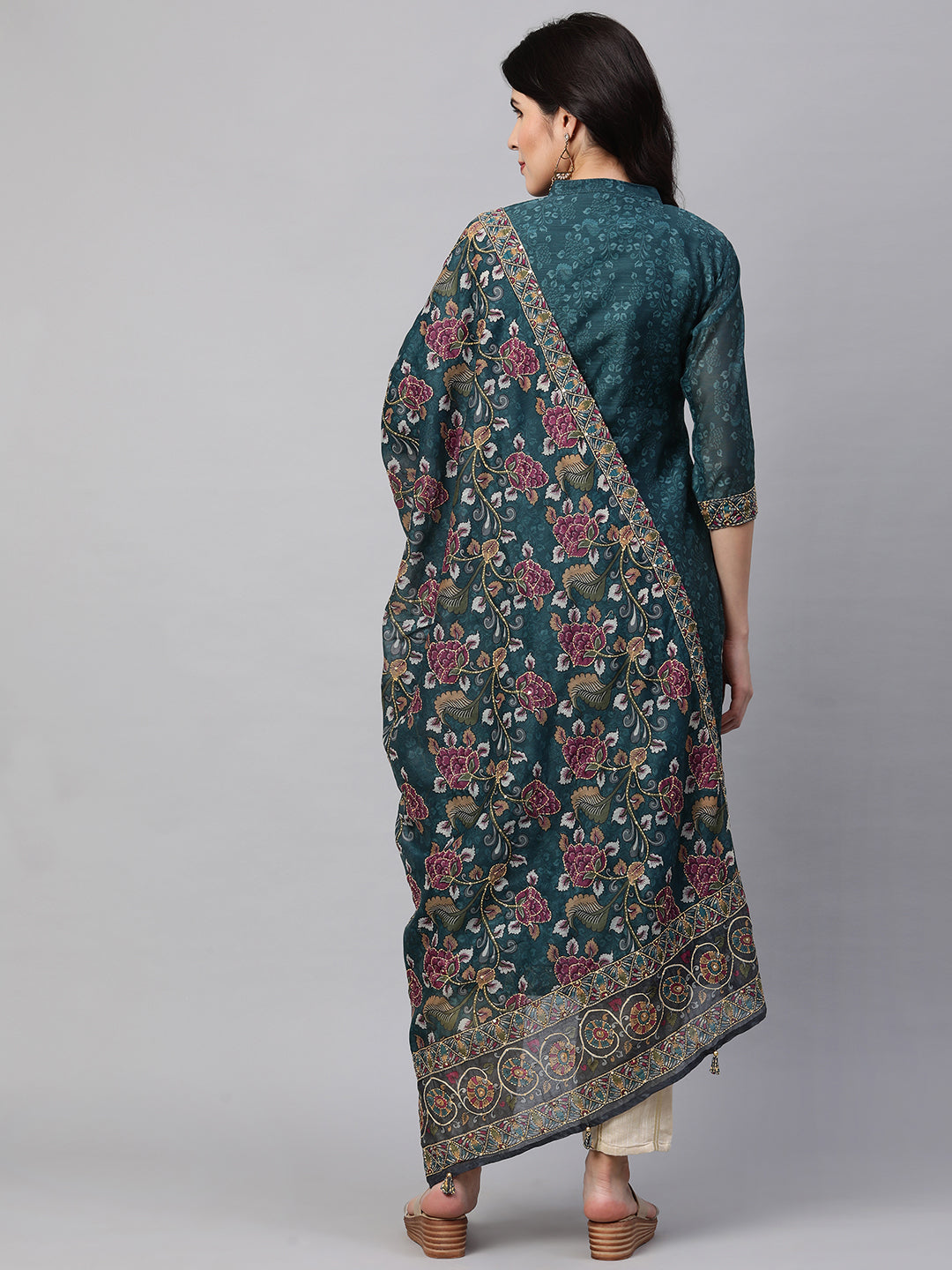 Kantha Embroidered & Printed Kurta and Dupatta - Teal Green