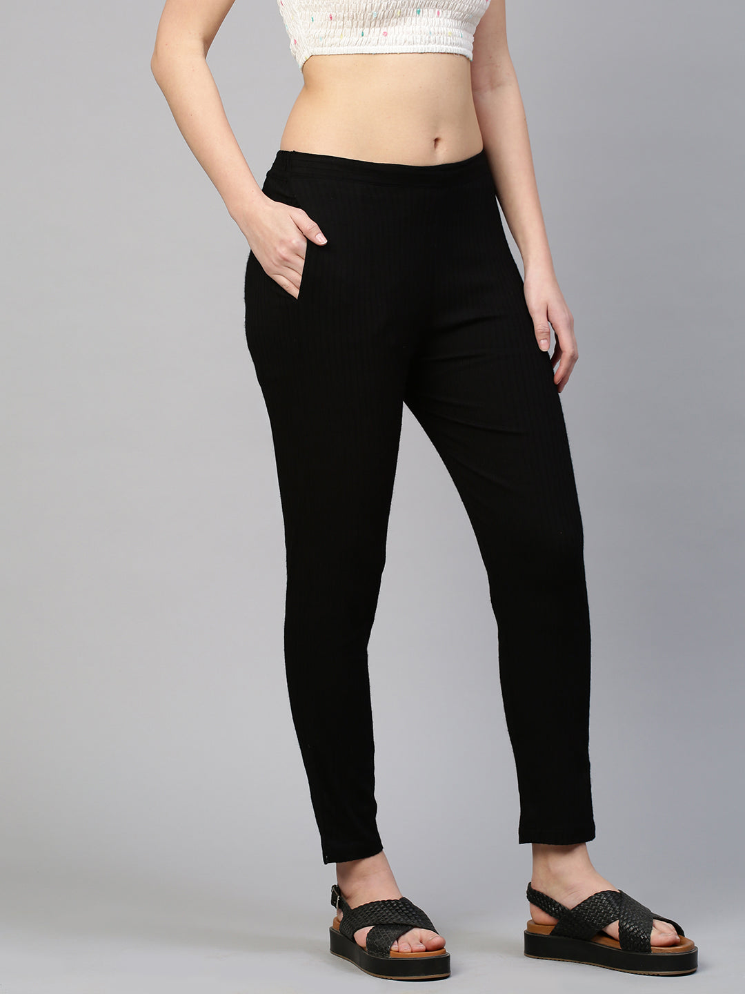 Woven Striped Stretchable Jegging Pant - Black