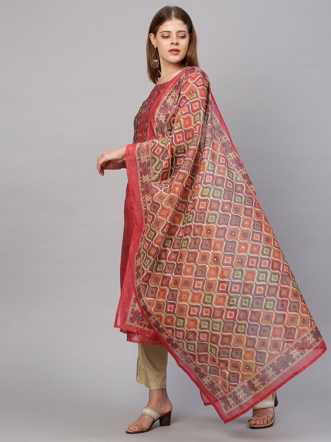 Floral Embroidered Kurta with Printed Dupatta - Salmon Peach