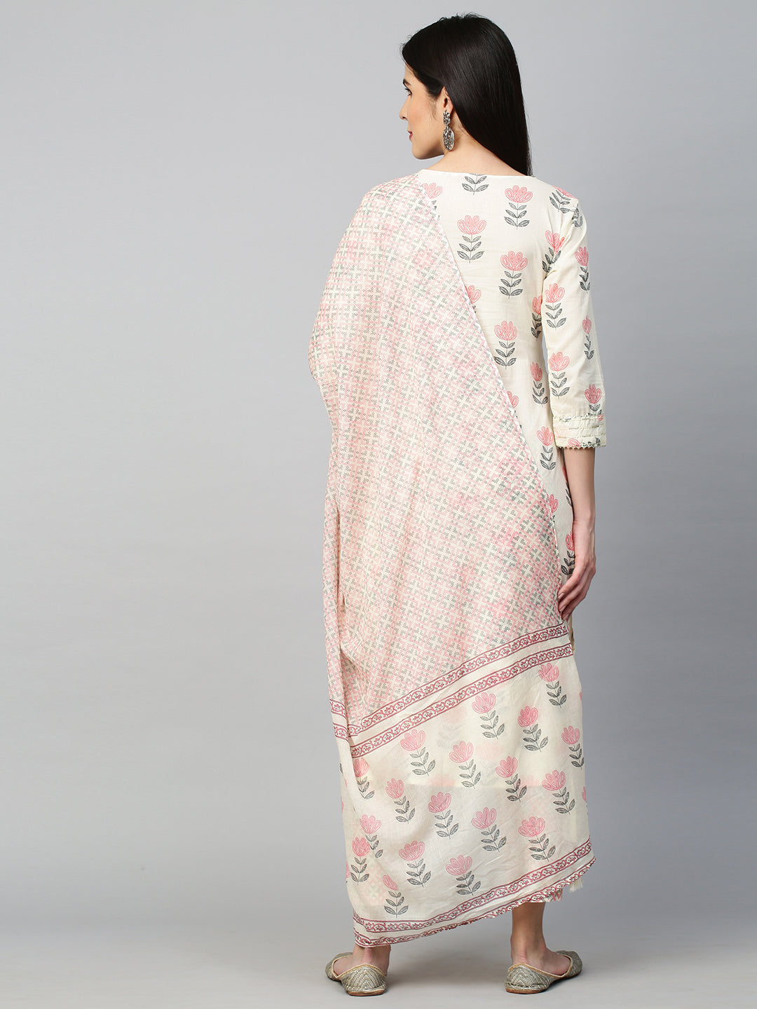 Floral Printed Kurta with Pant and Dupatta - Off White