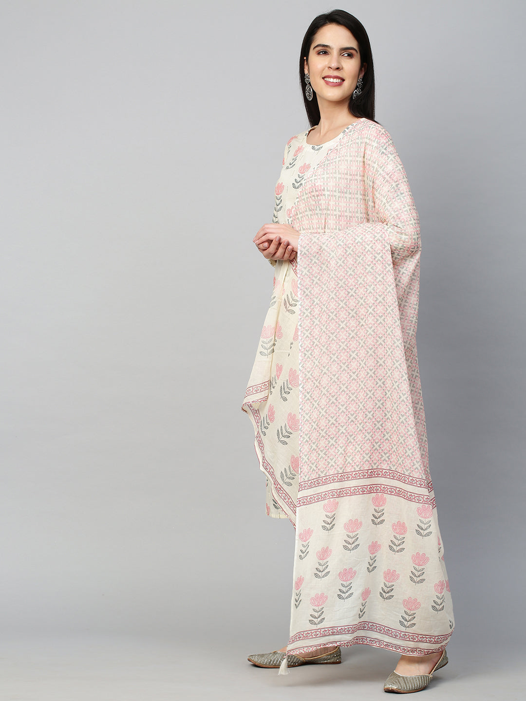 Floral Printed Kurta with Pant and Dupatta - Off White