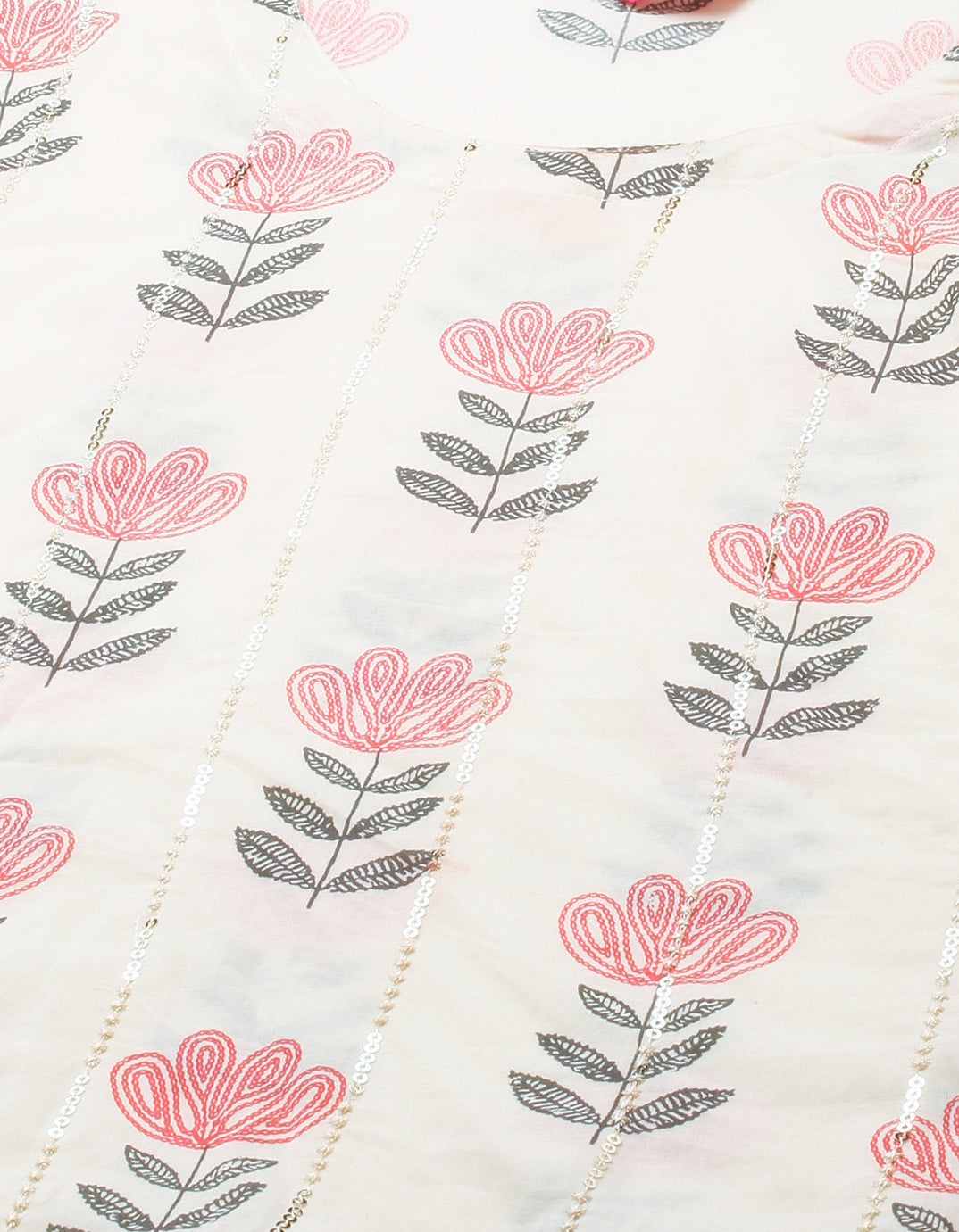 Floral Printed Kurta with Pant and Dupatta - Off White