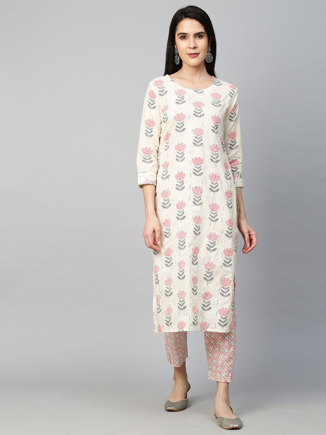 Floral Printed Kurta with Pant and Dupatta - Off White