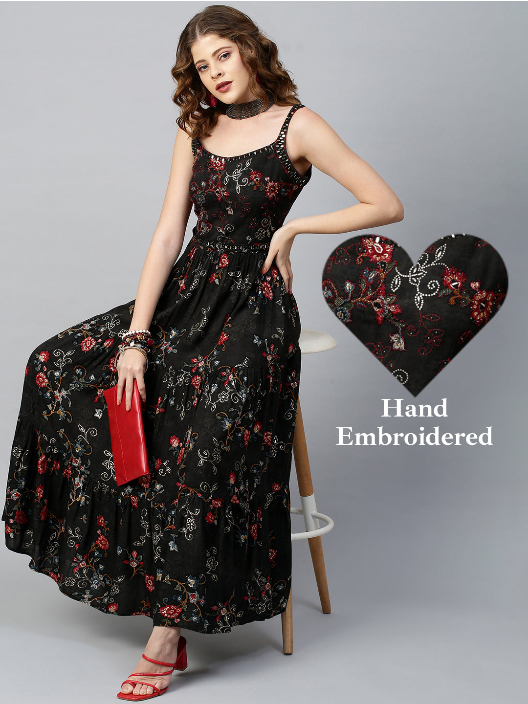 Ethnic Printed & Embellished Maxi Dress with Belt - Black