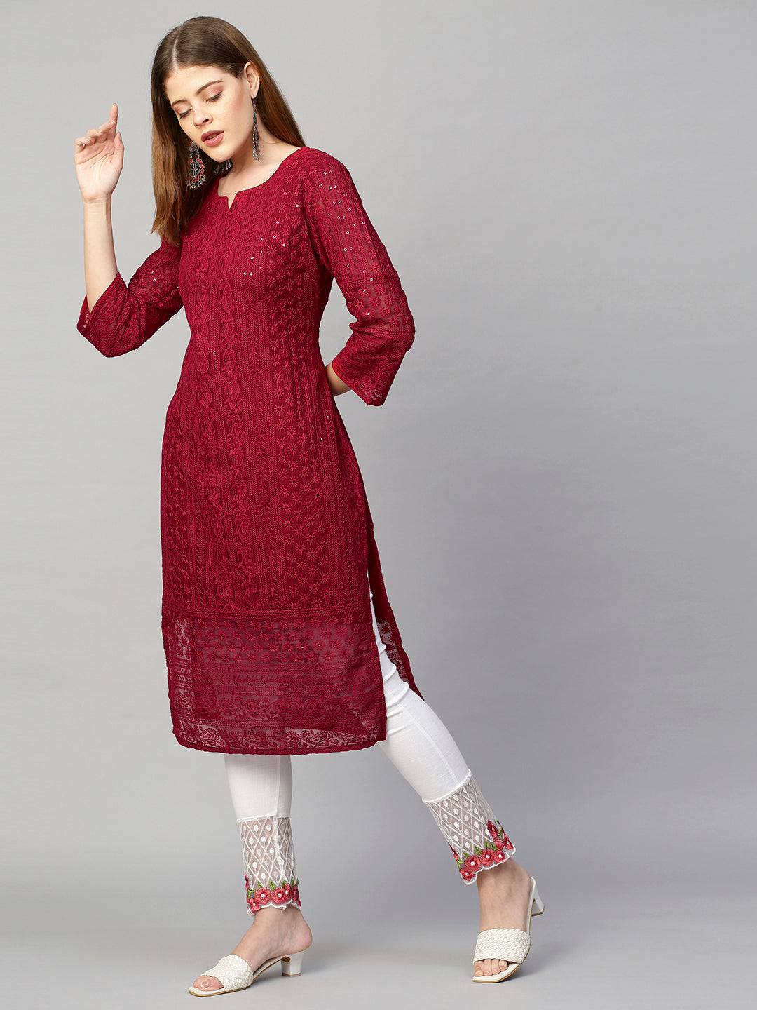 Chikankari Embroidered Straight Kurta - Deep Red