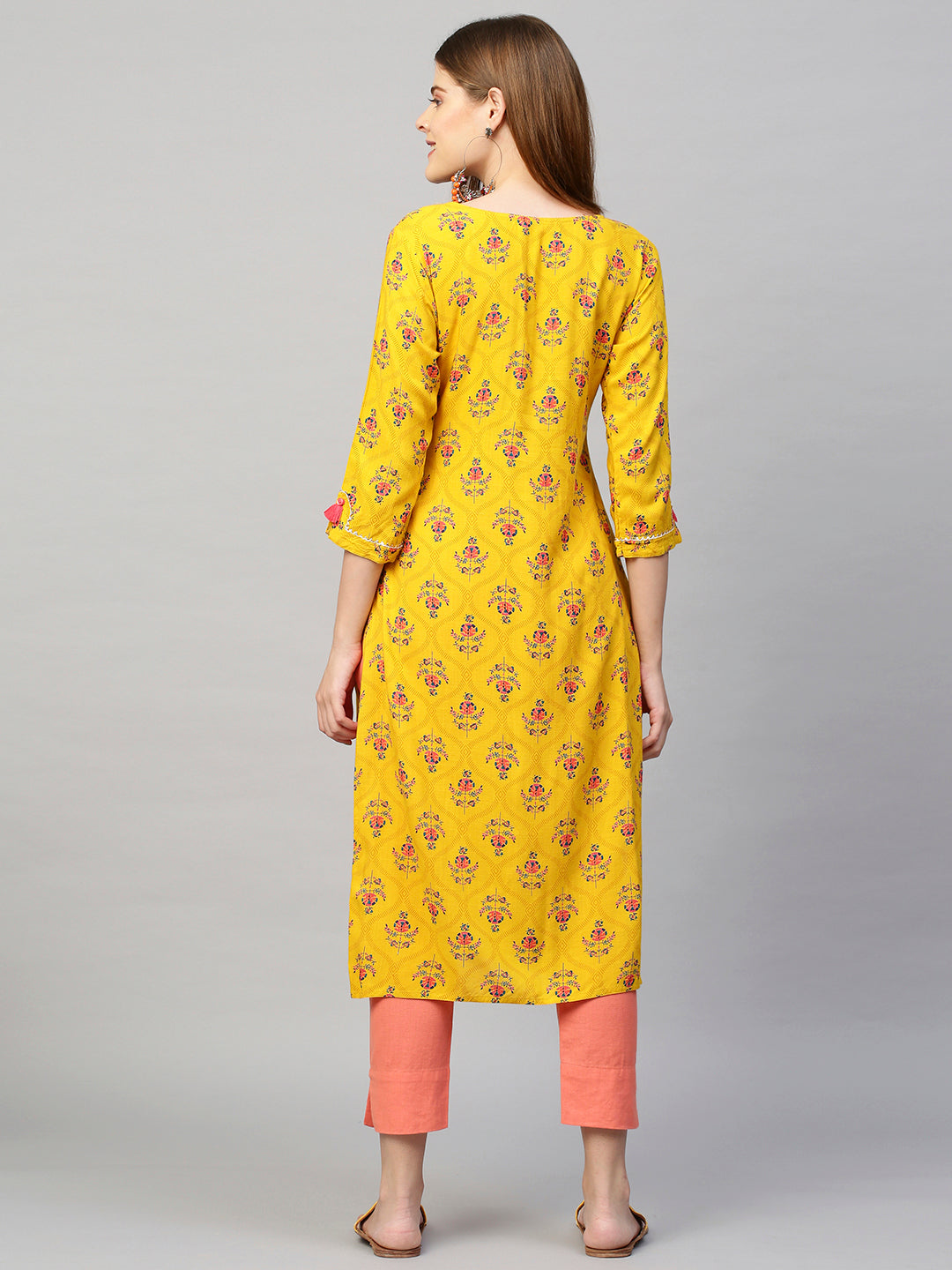 Floral Printed Straight Fit Kurta - Chrome Yellow