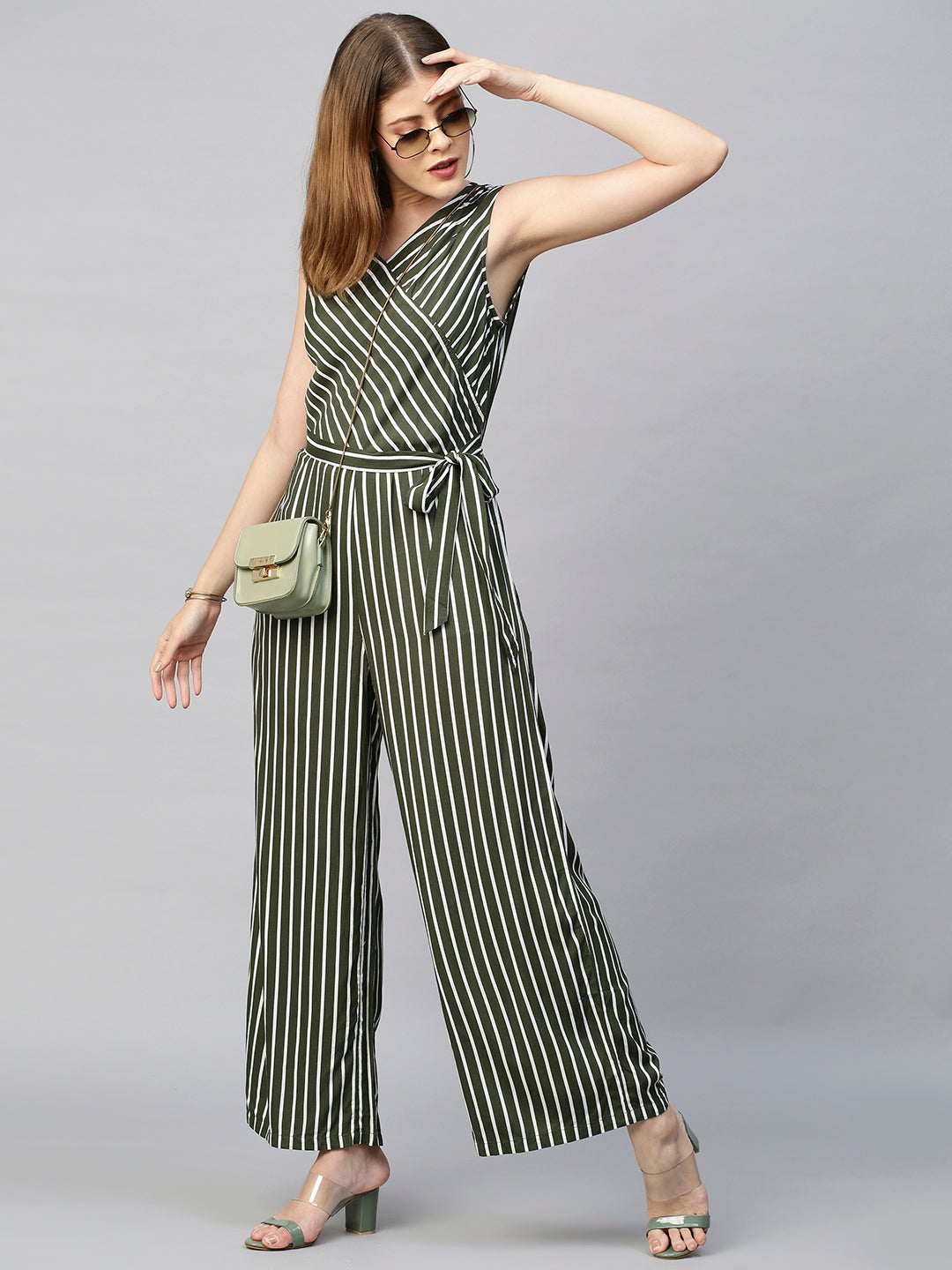 Straight Striped Jumpsuit with Belt - Moss Green