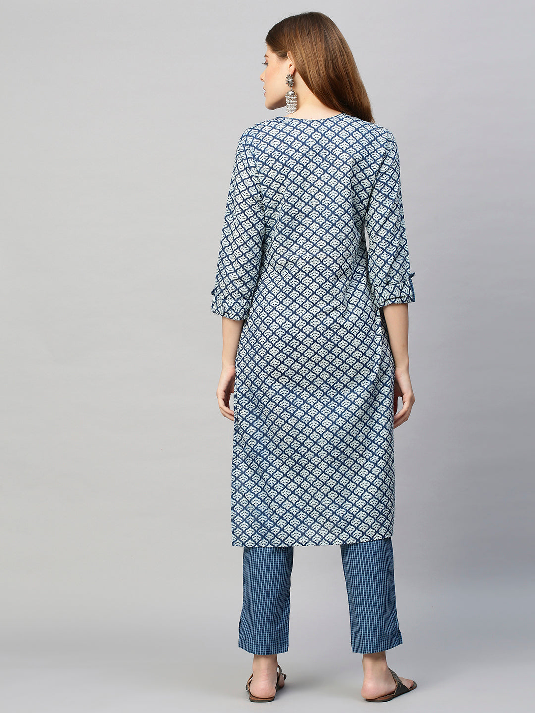 Ethnic Zari Embroidered Printed Kurta with Pants - Indigo Blue