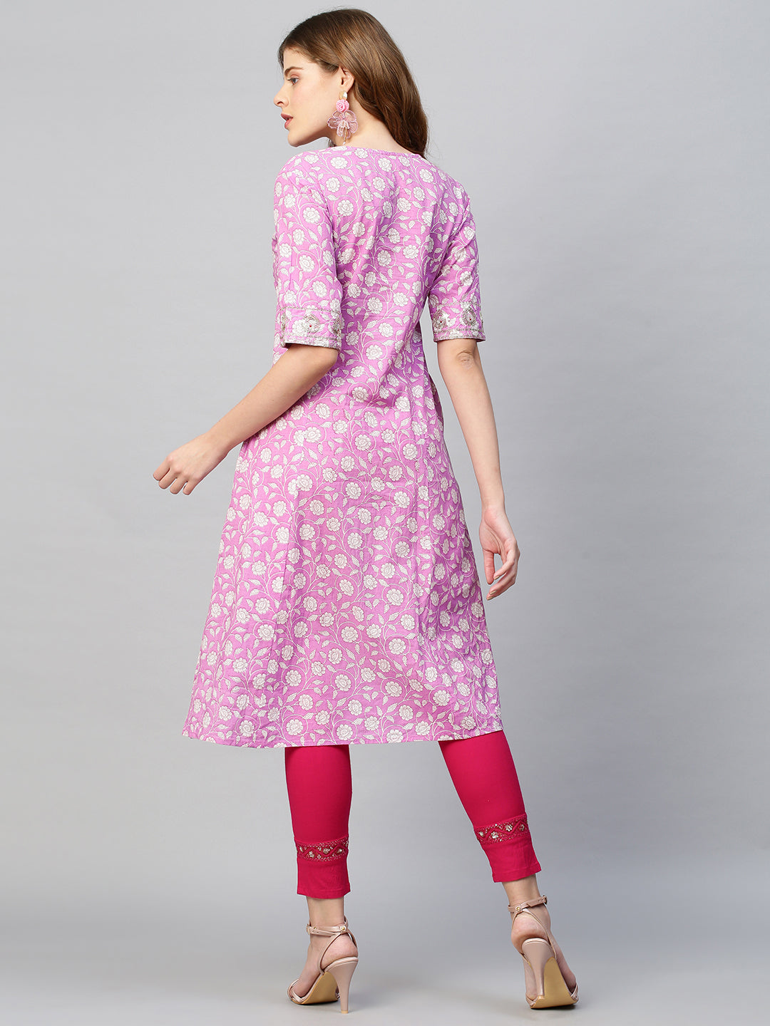 Sequin Embroidered Floral Printed A-Line Kurta - Fuchsia Pink
