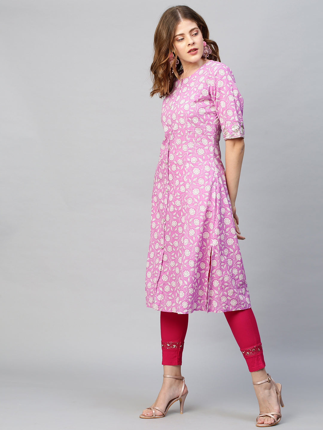 Sequin Embroidered Floral Printed A-Line Kurta - Fuchsia Pink