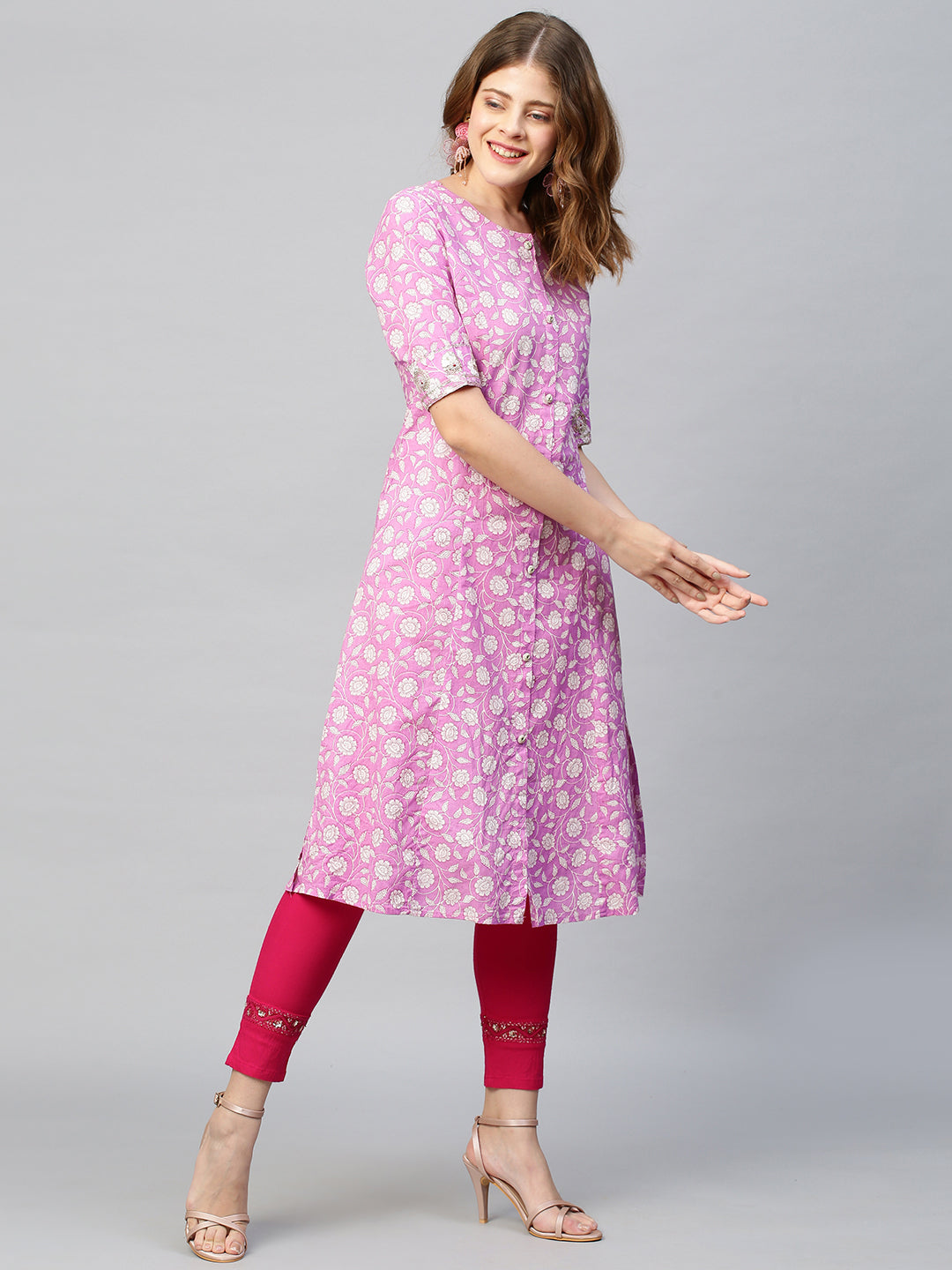 Sequin Embroidered Floral Printed A-Line Kurta - Fuchsia Pink