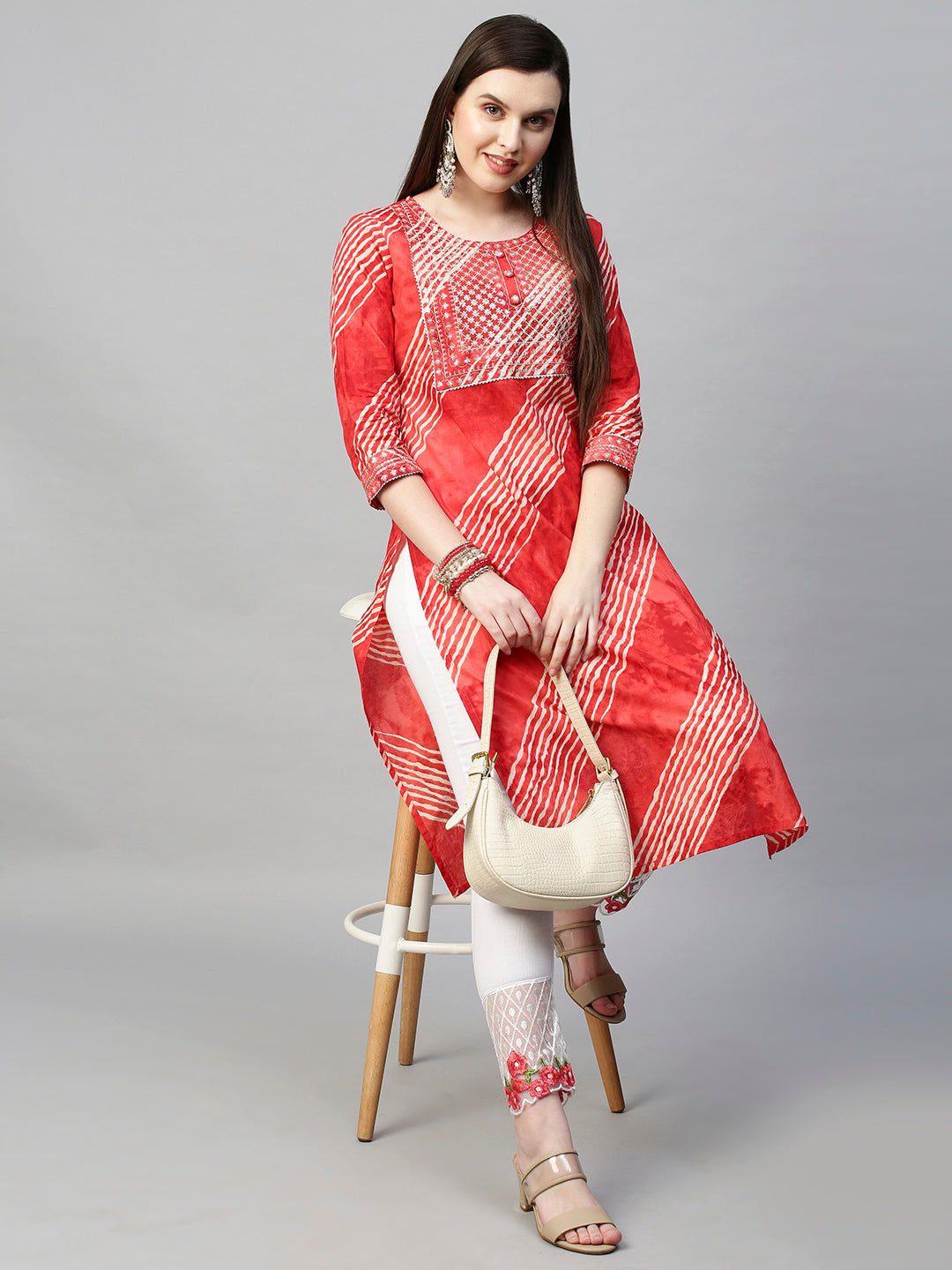 Sequin Embroidered Leheriya Printed Straight Kurta - Red