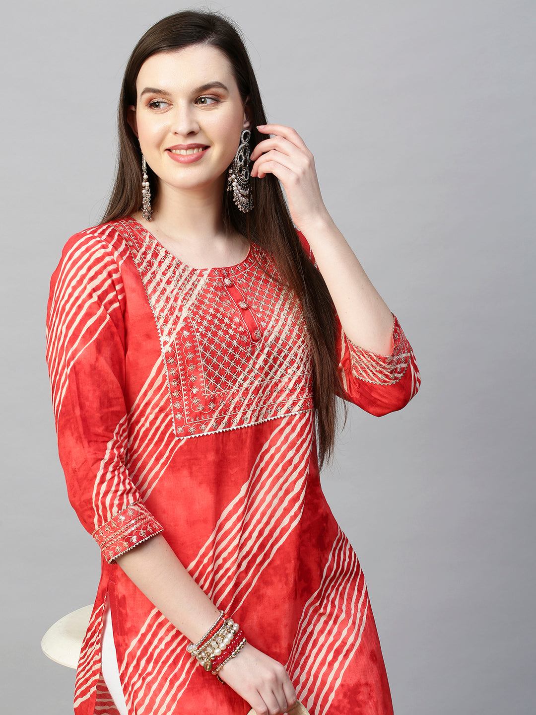 Sequin Embroidered Leheriya Printed Straight Kurta - Red