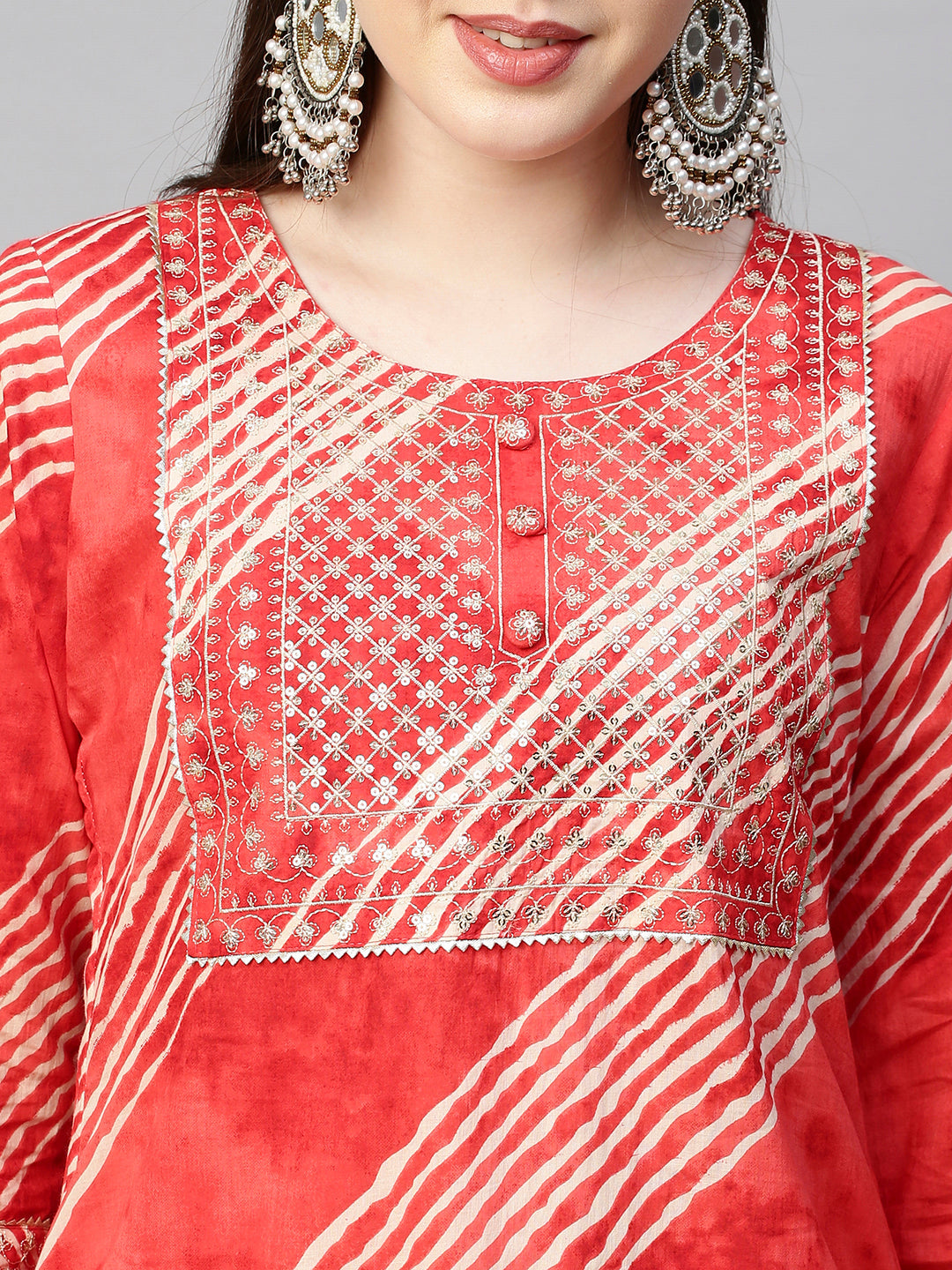 Sequin Embroidered Leheriya Printed Straight Kurta - Red