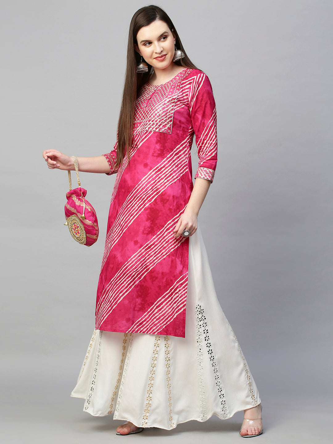 Sequin Embroidered Leheriya Printed Straight Kurta - Hot Pink
