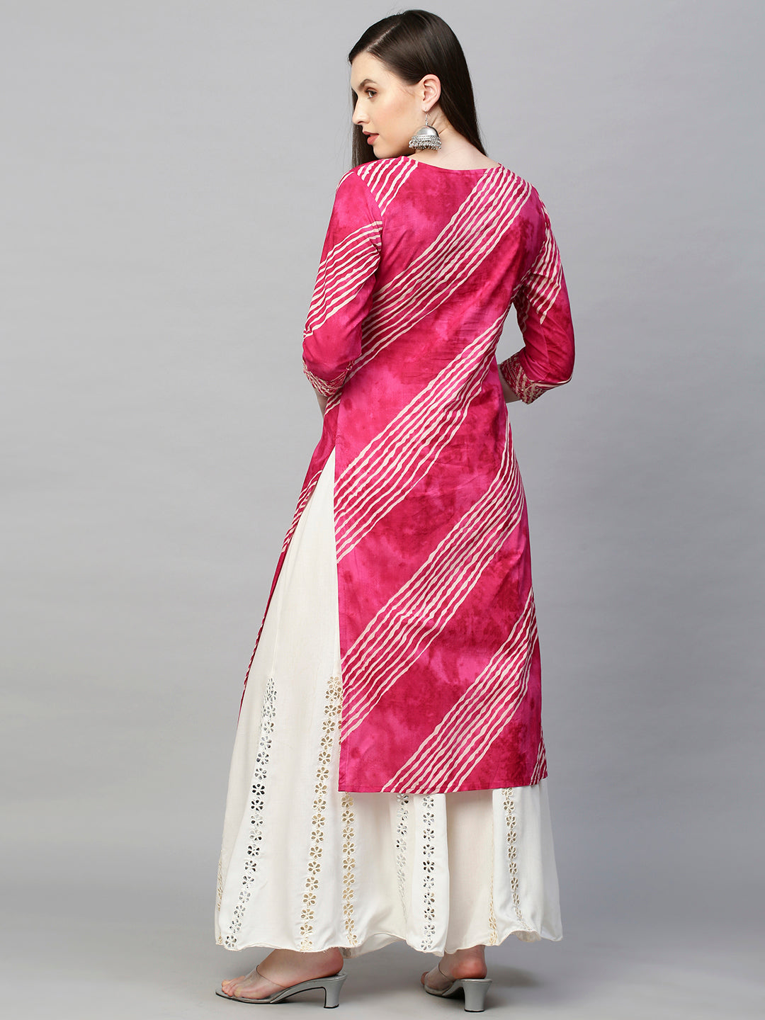 Sequin Embroidered Leheriya Printed Straight Kurta - Hot Pink