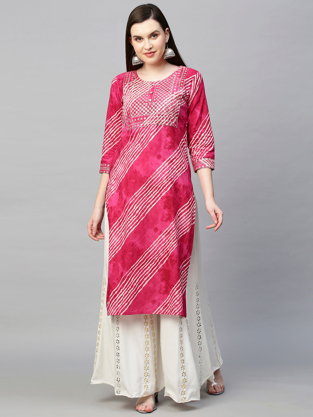 Sequin Embroidered Leheriya Printed Straight Kurta - Hot Pink