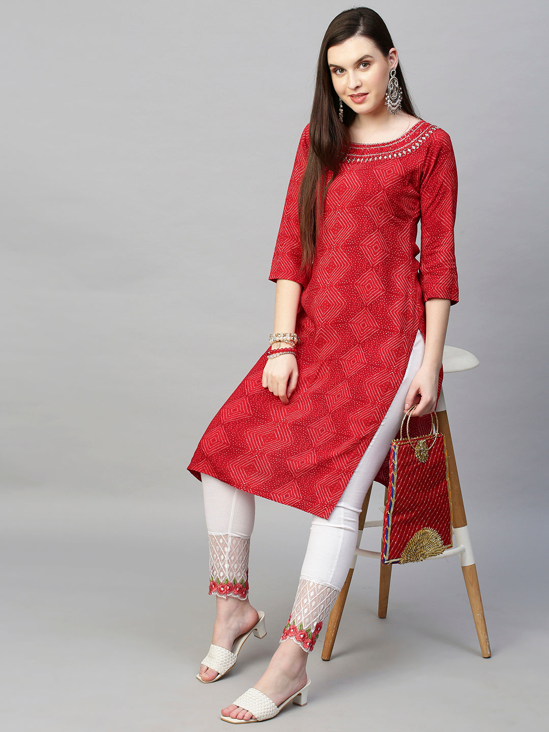 Mirror Embroidered Bandhej Printed Straight Kurta - Red