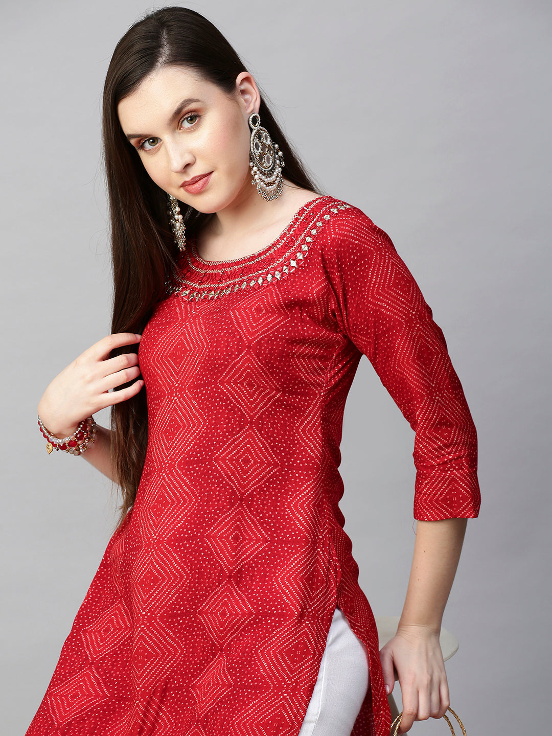 Mirror Embroidered Bandhej Printed Straight Kurta - Red