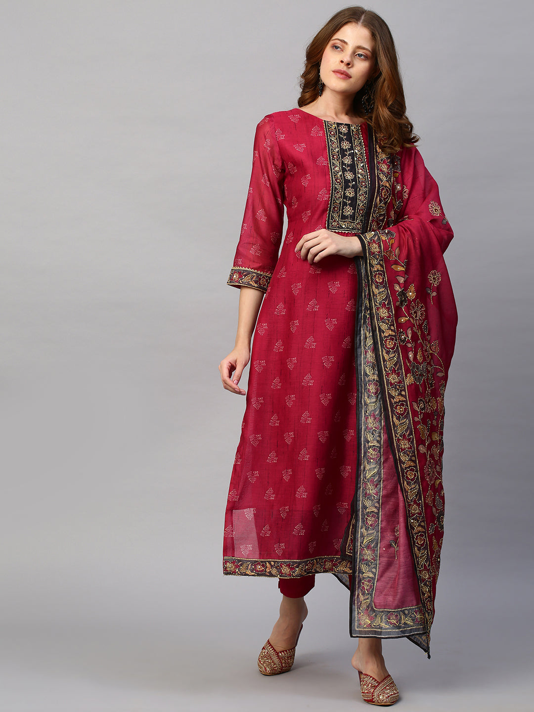 Kantha Hand Embroidered & Printed Kurta with Pants & Dupatta - Cherry Red