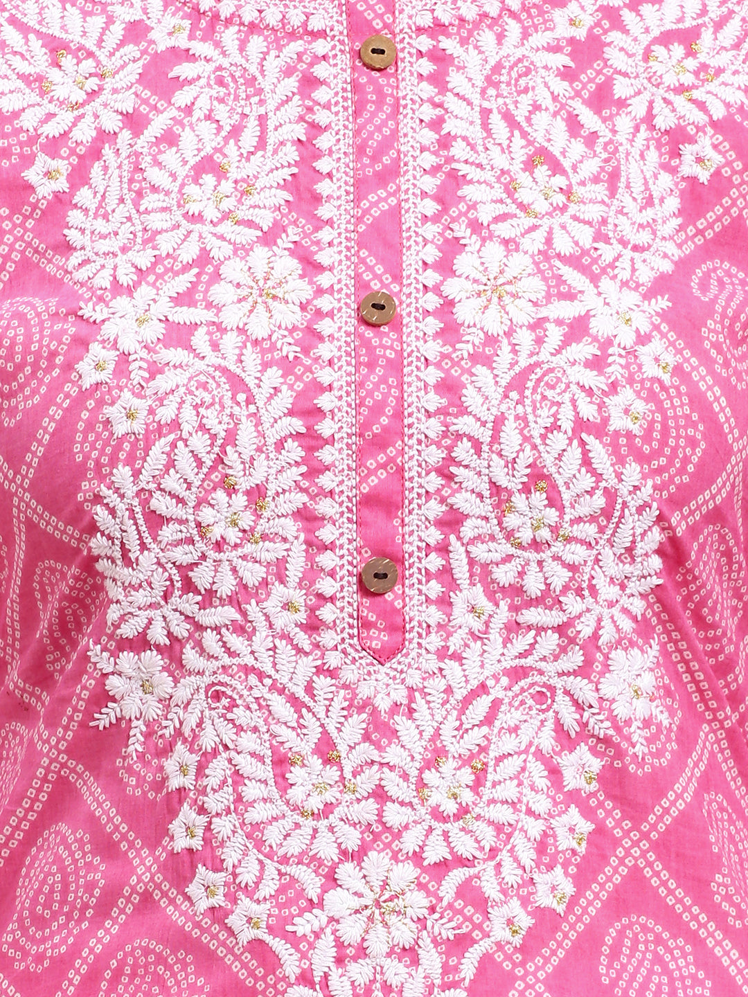 Floral Chikankari Embroidered Bandhani Printed Straight Fit Kurta - Pink