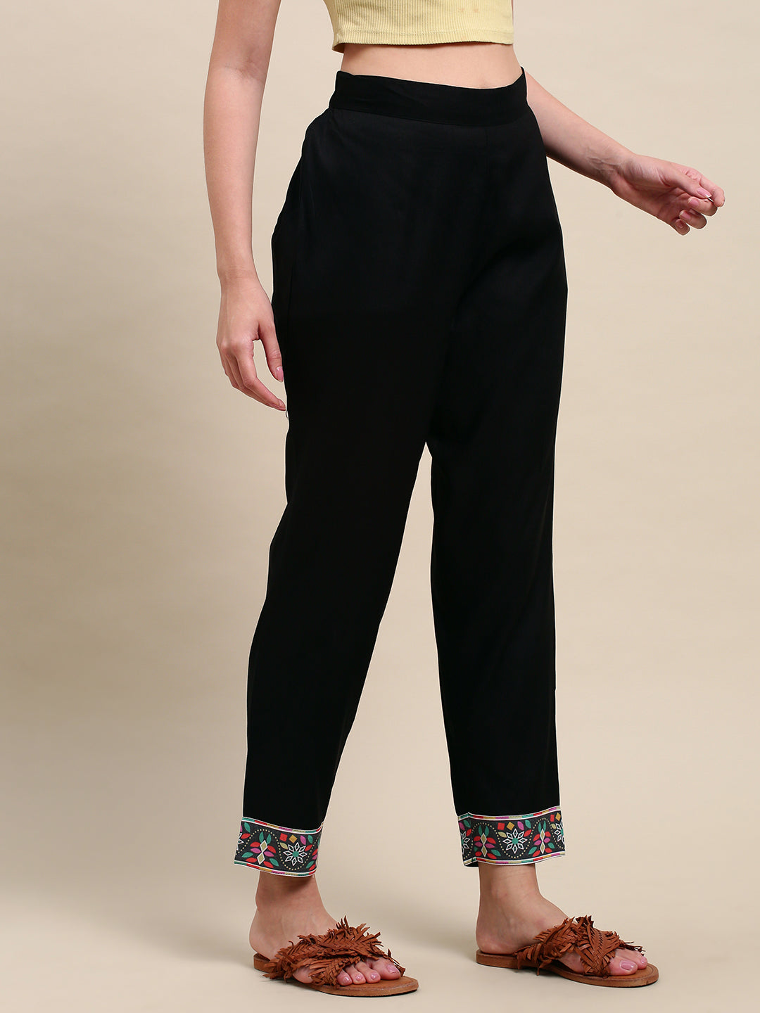 Solid Black Printed Border Ankle Pants - Black