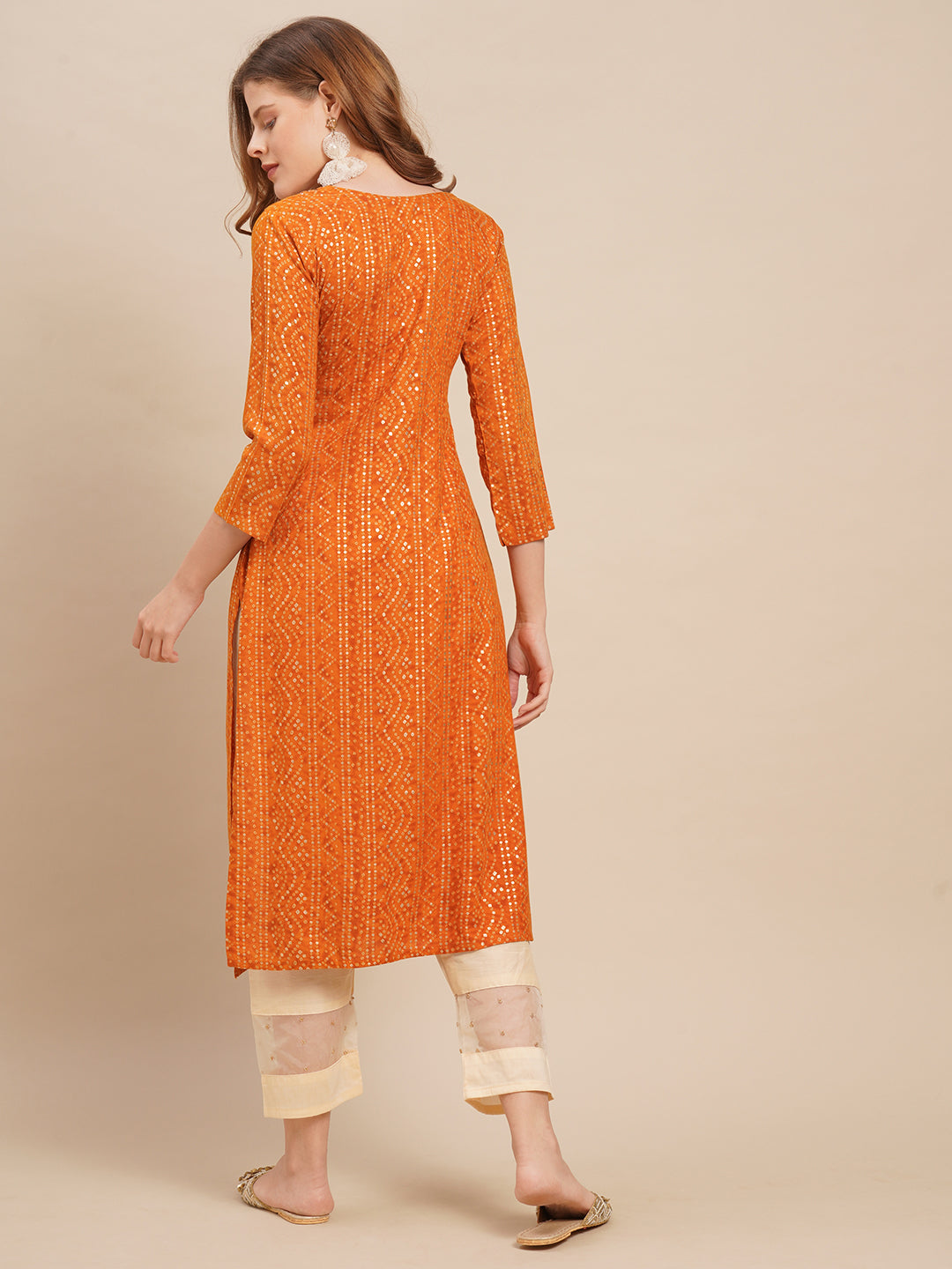 Bandhani Printed & Mirror Embroidered Straight Fit Kurta - Deep Yellow